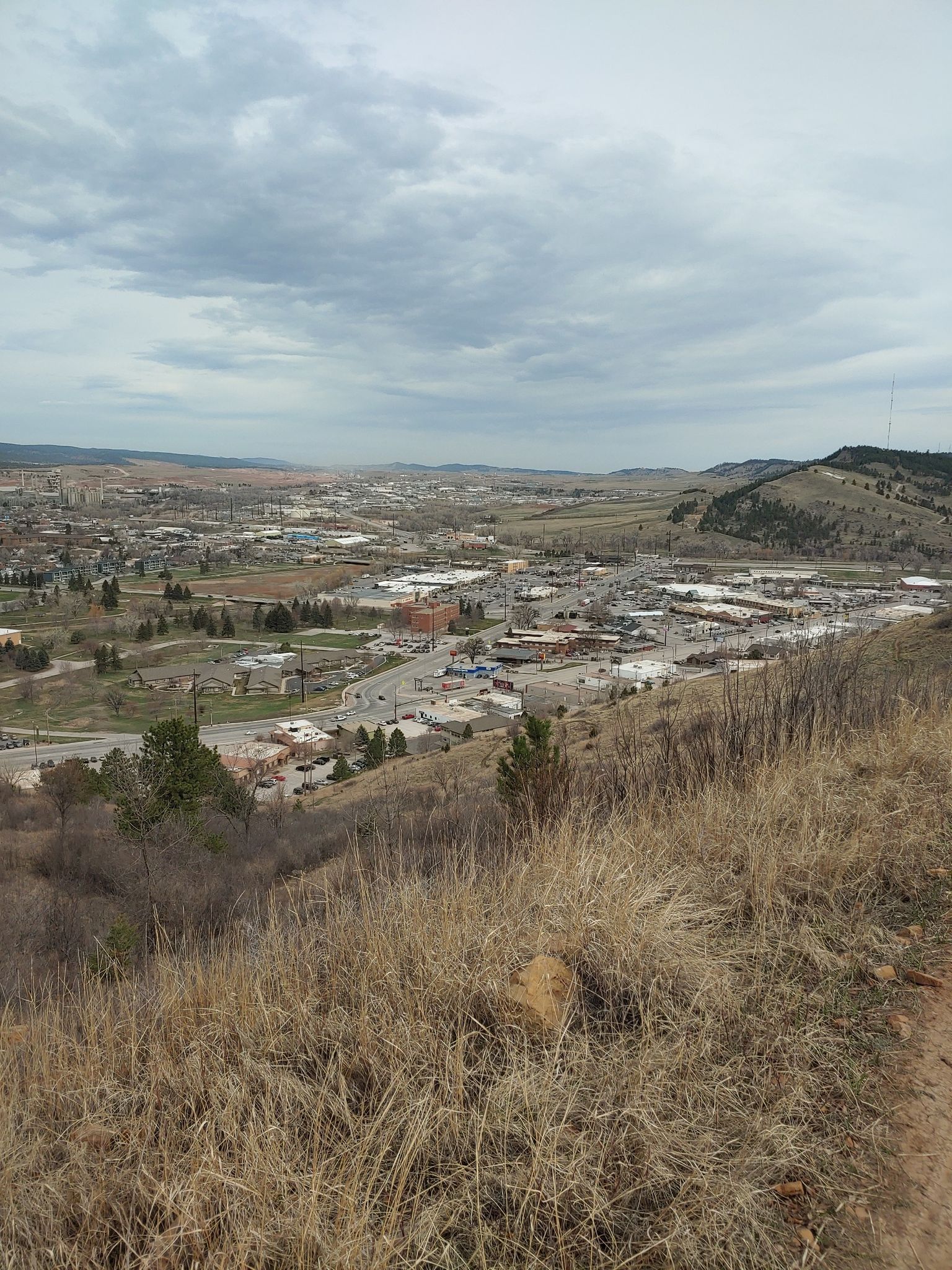 Overcast view of a sprawling town from a dry, grassy hillside. - Skyline and Dinosaur Park Loop