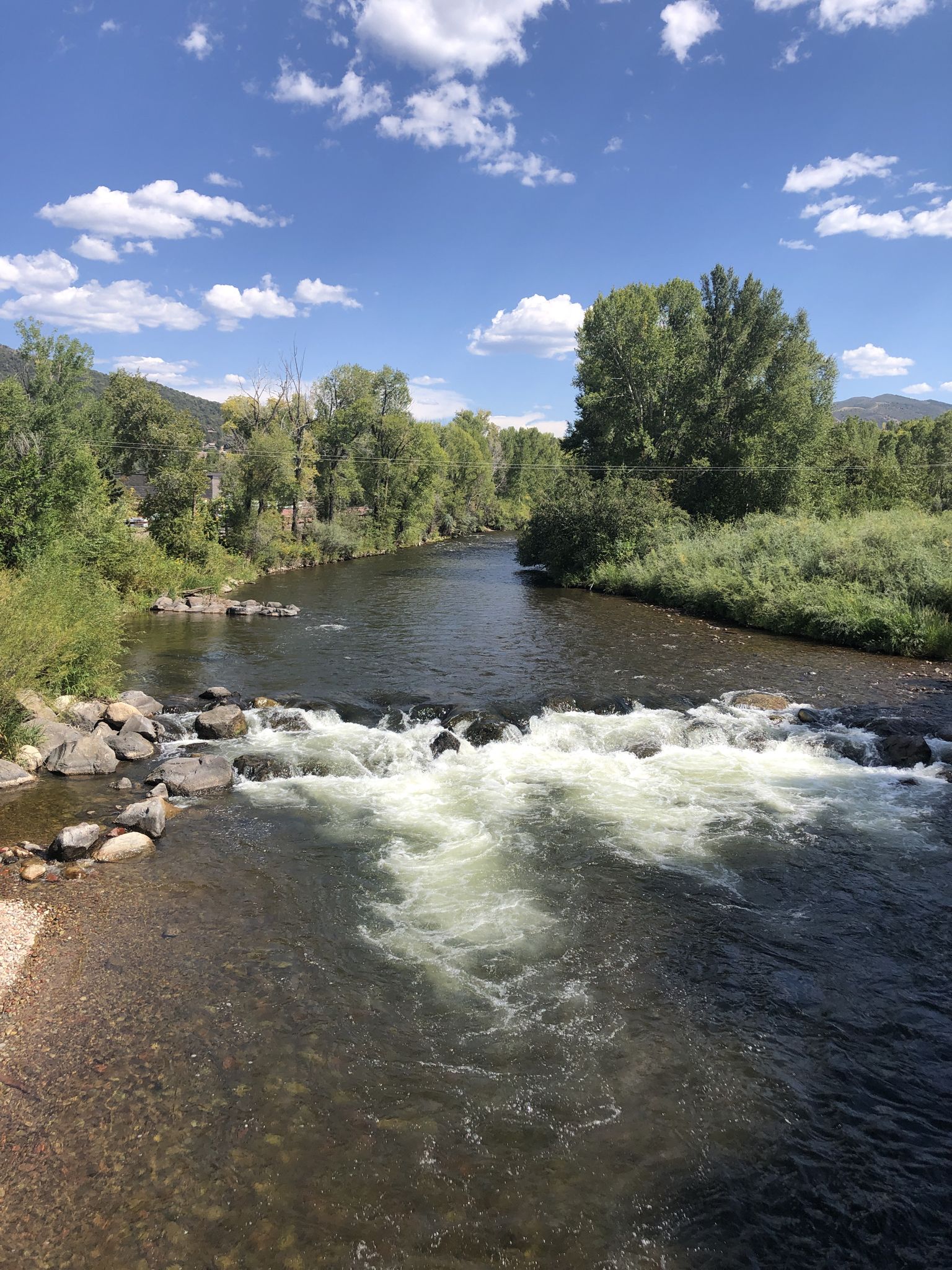 A wide river flows over rocks, surrounded by lush green trees. - Rio Grande Trail loop from Hooks Lane Trailhead