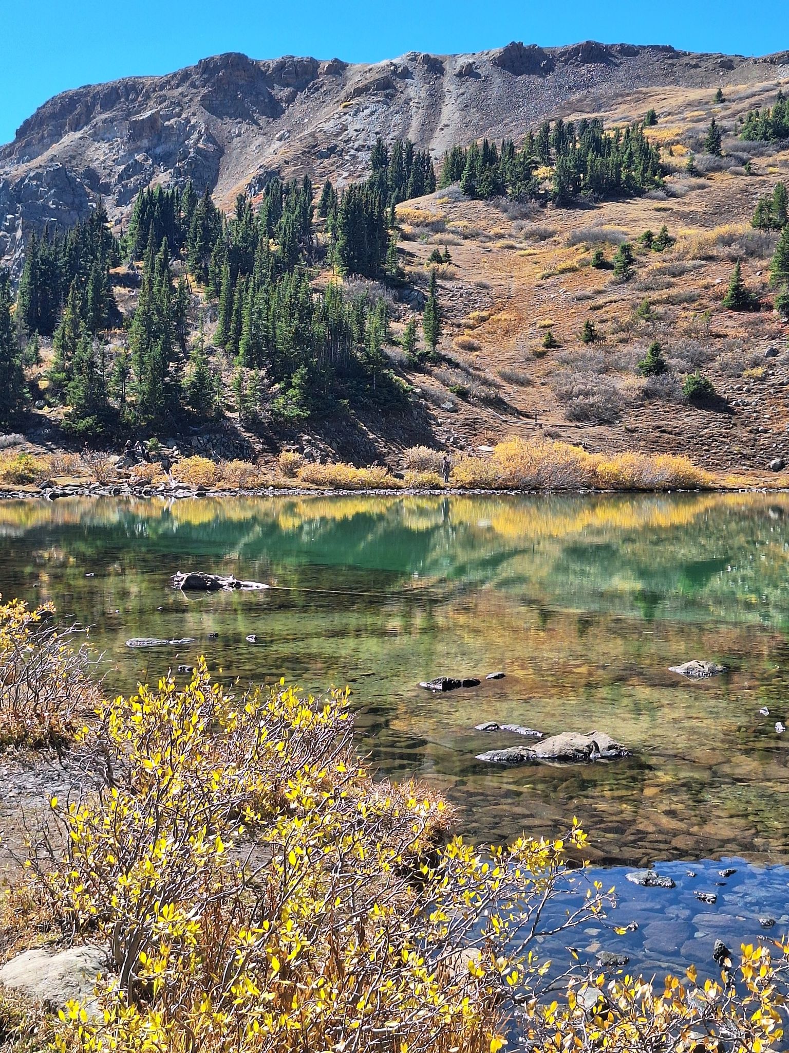 Clear mountain lake reflecting rocky slopes and pine trees, with yellow bushes. - Lost Lake Trail
