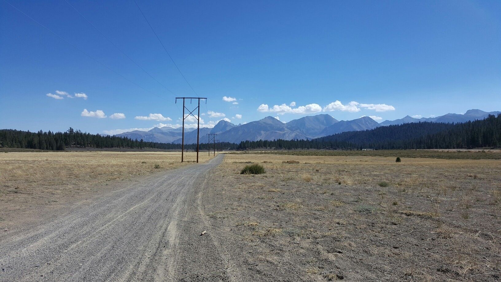 Dirt road with power lines stretching through a dry field towards mountains. - Big Smokey loop