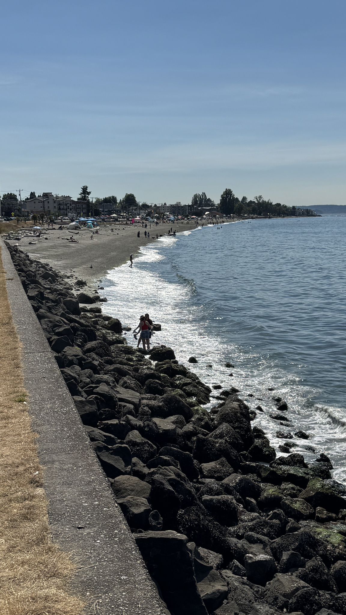 People on a rocky and sandy beach next to ocean waves on a sunny day. - Alki Beach – Alki Beach loop from Schmitz Preserve Park