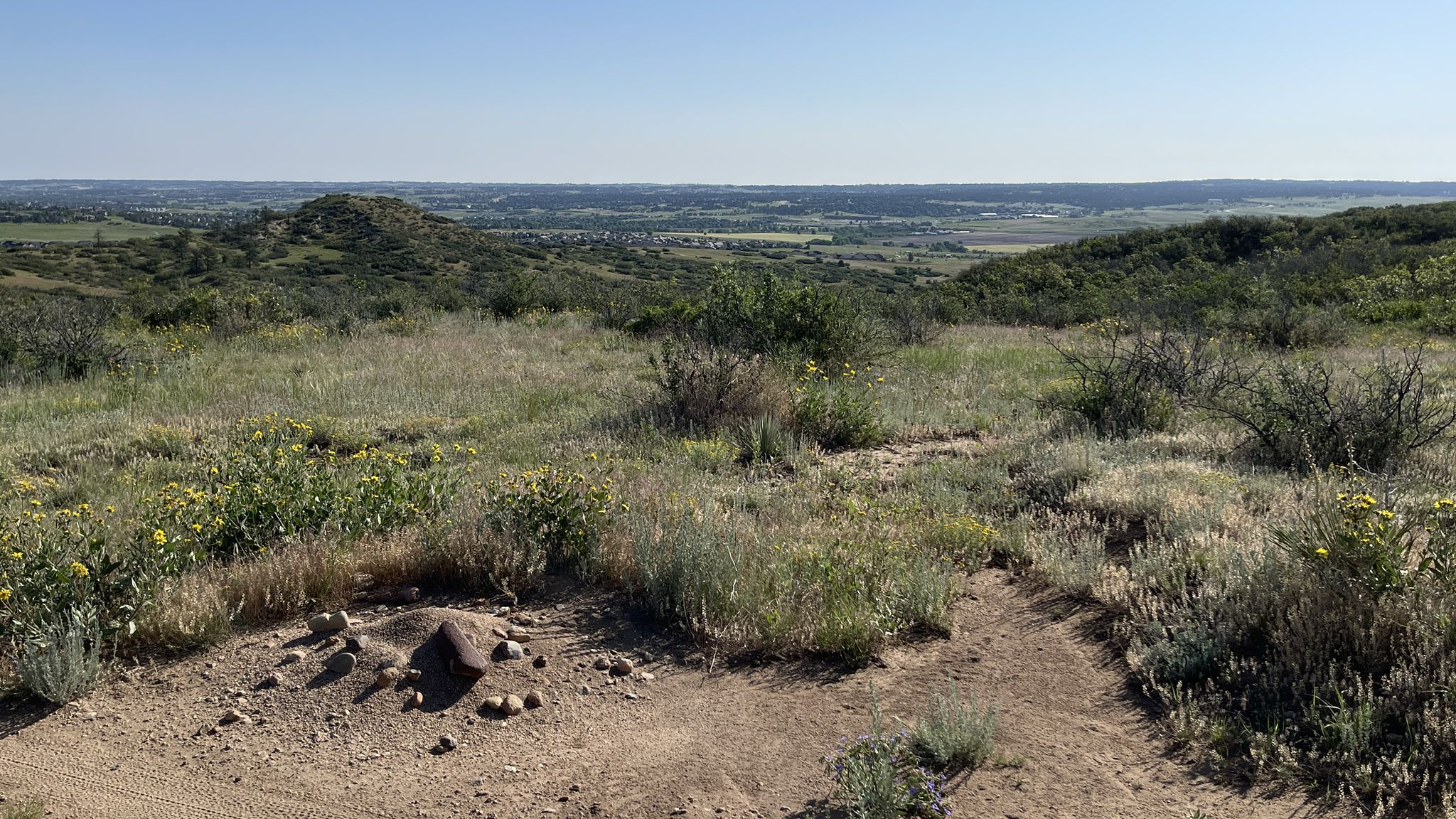 Grassy hillside with sparse shrubs overlooks a vast, distant plain. - Bike loop from Castle Rock