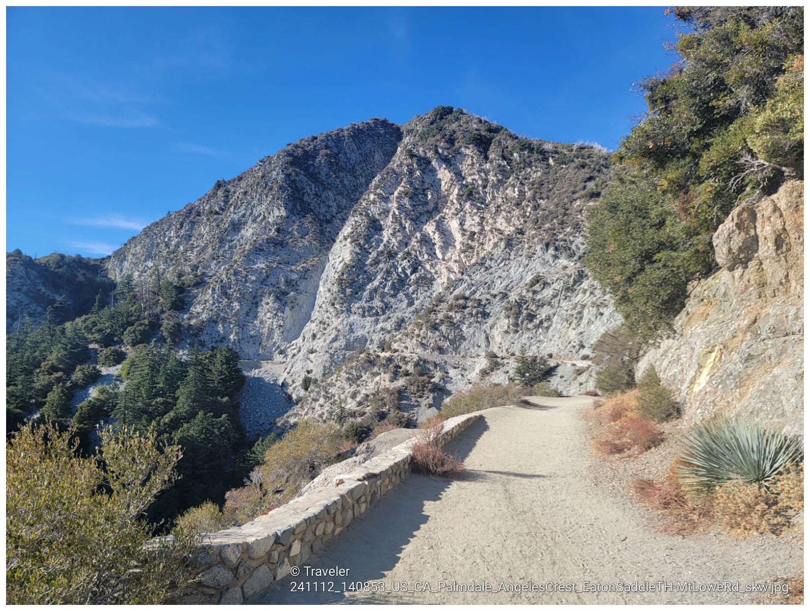 Winding dirt path alongside a steep, rocky mountain face. - Mount Wilson Summit Viewpoint – Mount Lowe Summit loop from Allen
