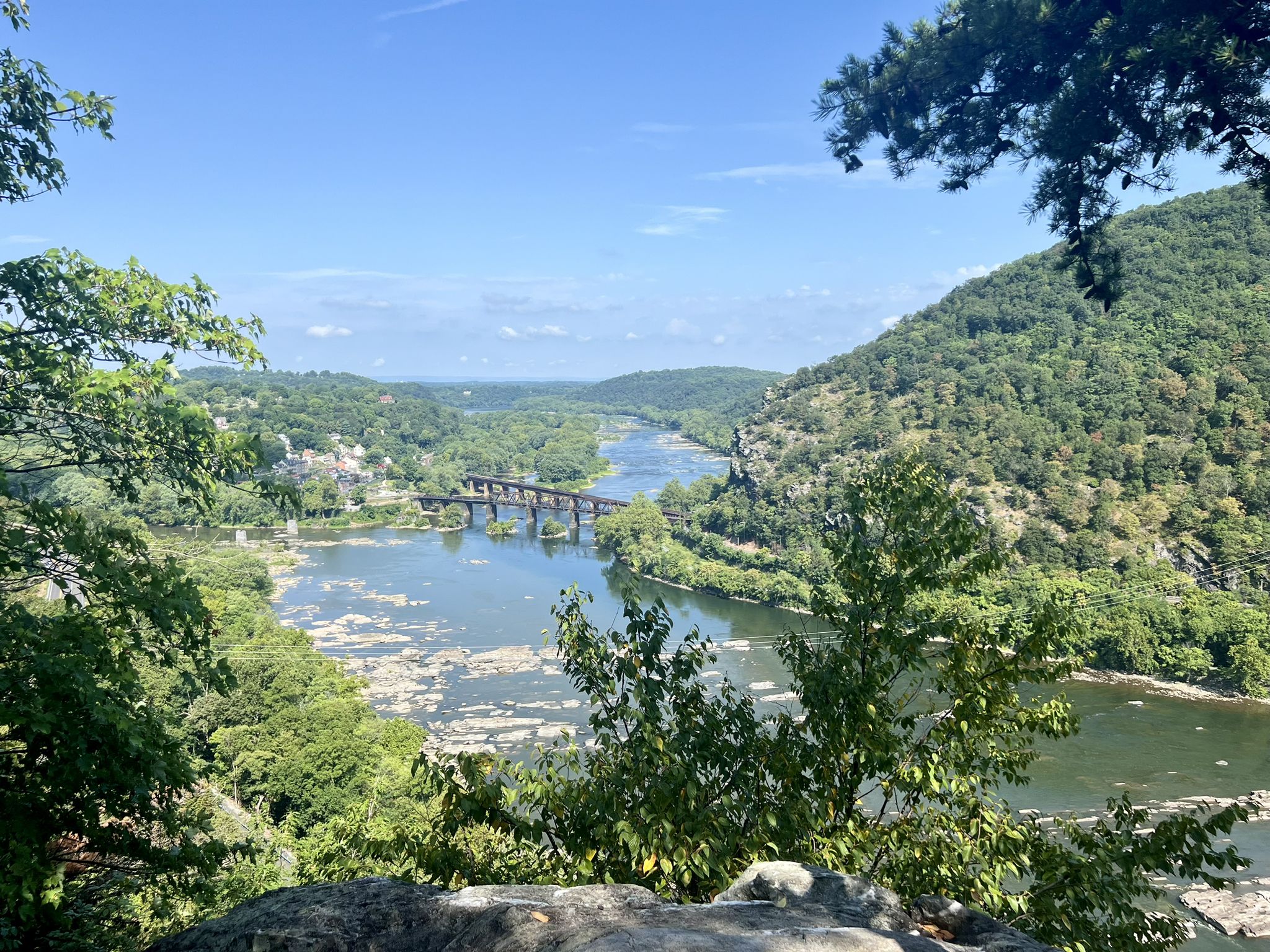 Wide river with a bridge, surrounded by lush green forested hills under a clear sky. - Loudoun Heights Trail to Split Rock