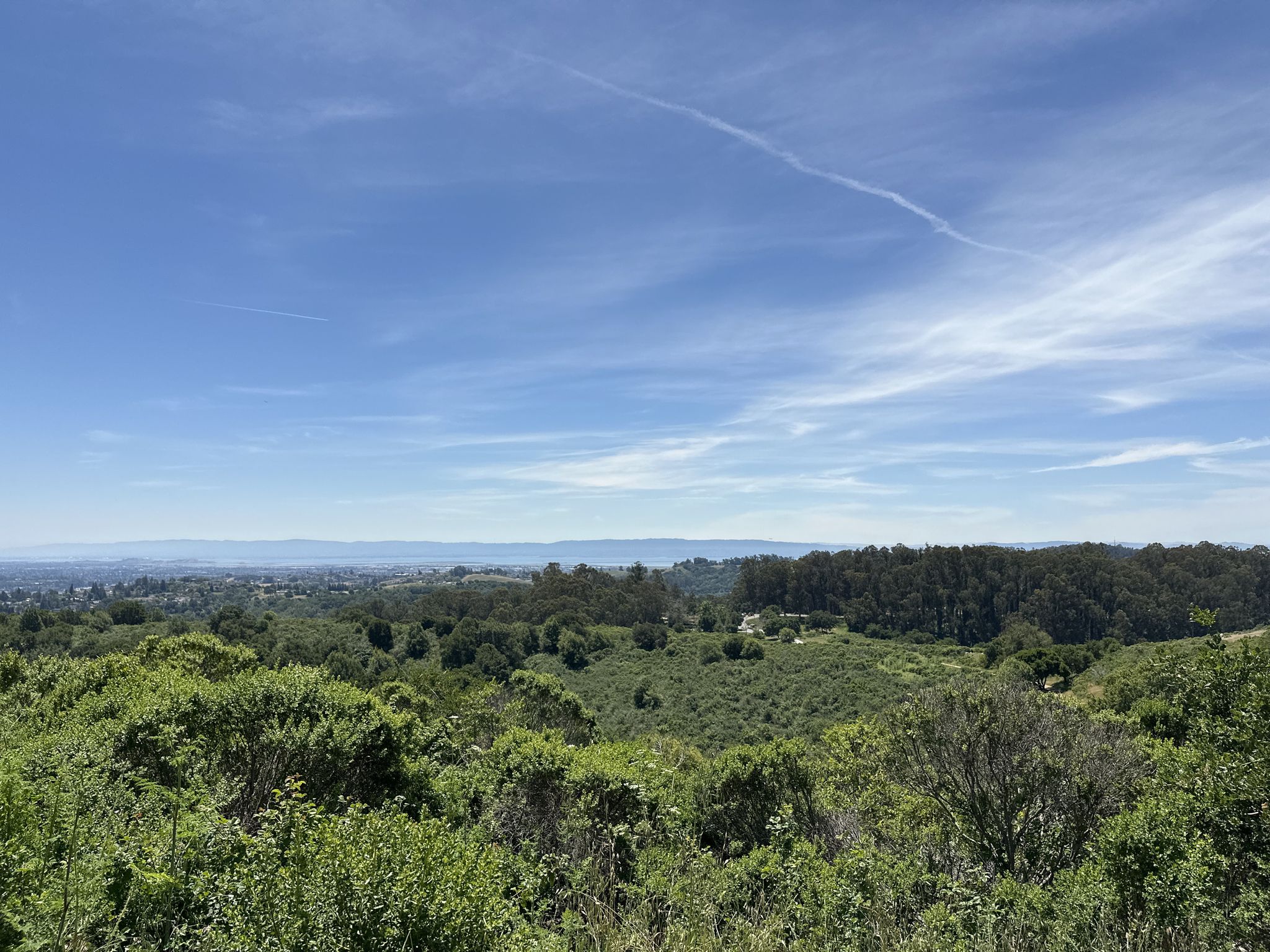 Expansive view of green hills and distant city under a bright blue sky. - Cameron Loop Trail – Lake Chabot Marina loop from Lake Chabot - Main Entrance