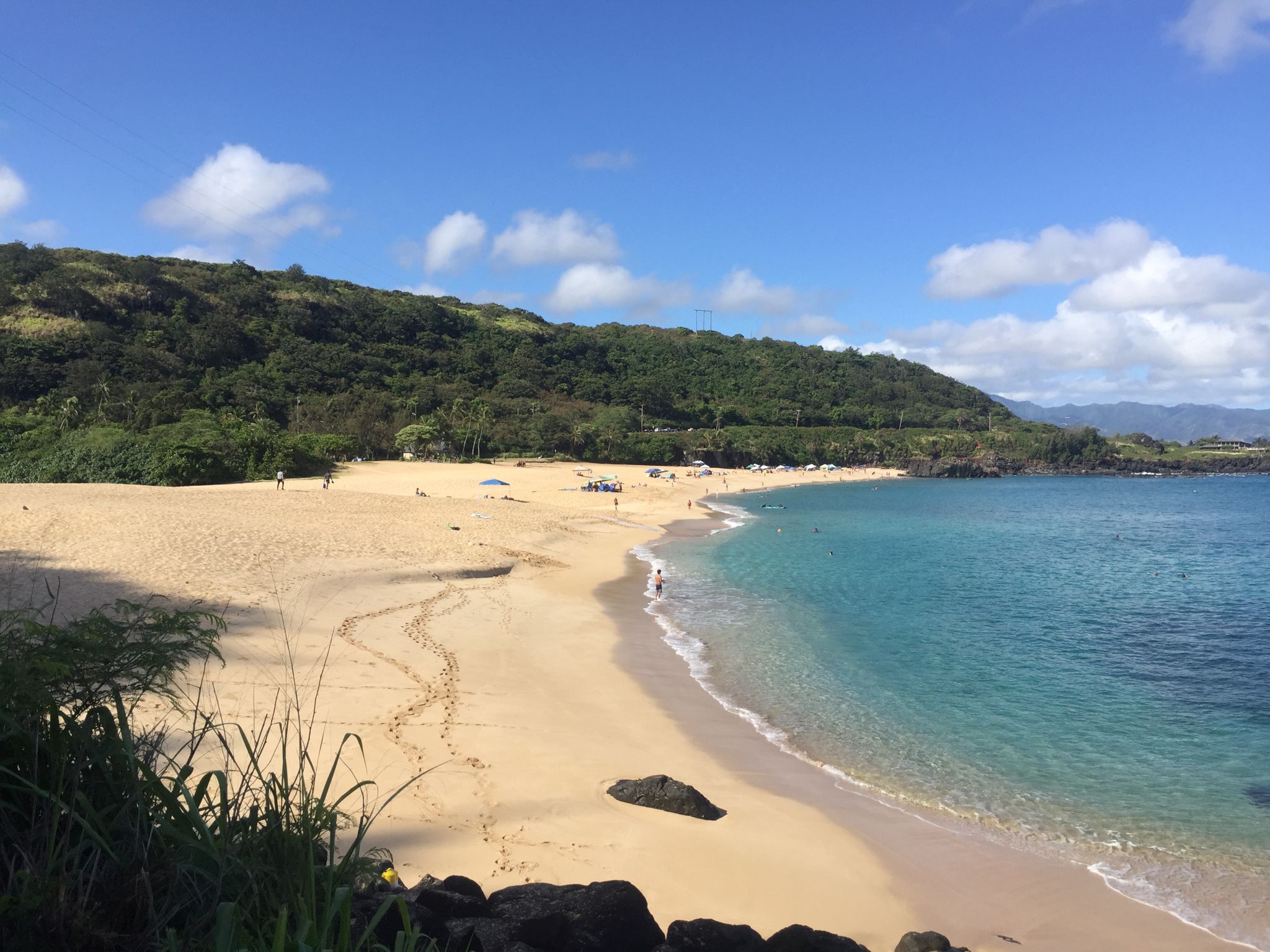 Sunny wide sandy beach with clear blue water and distant people. - Ke Ala Pūpūkea Bike Path