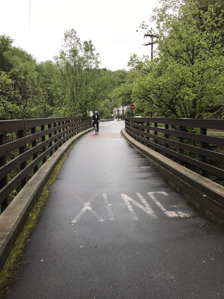 Person cycling on a paved bridge through green trees on an overcast day. - Ashuwillticook Rail Trail loop from Adams