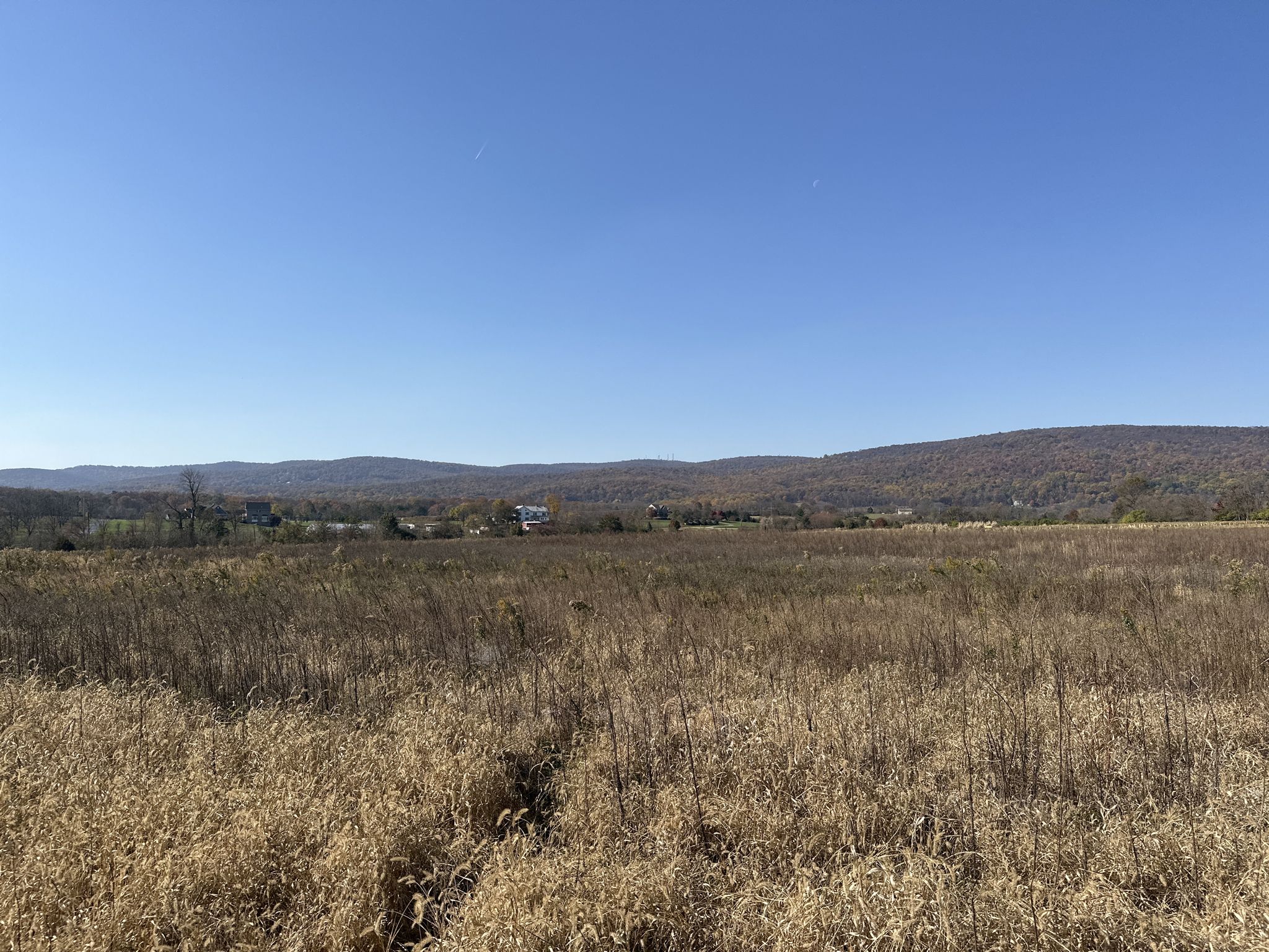 Wide view of a dry grassy field with distant mountains under blue sky. - Whittier Lake Park loop from Fort Detrick