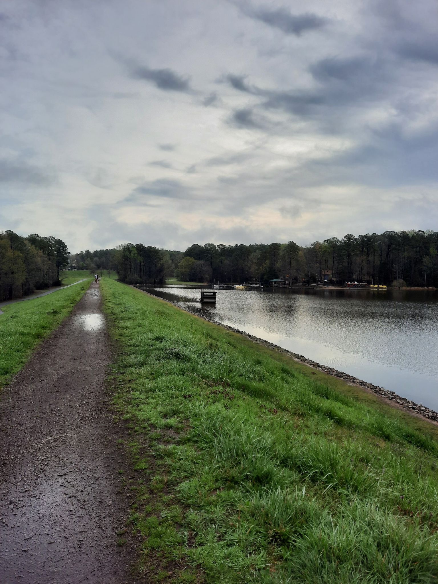 A wet dirt path runs alongside a lake under an overcast sky. - Bench With a View of Bond Park – Bond Lake loop from Maynard Crossing