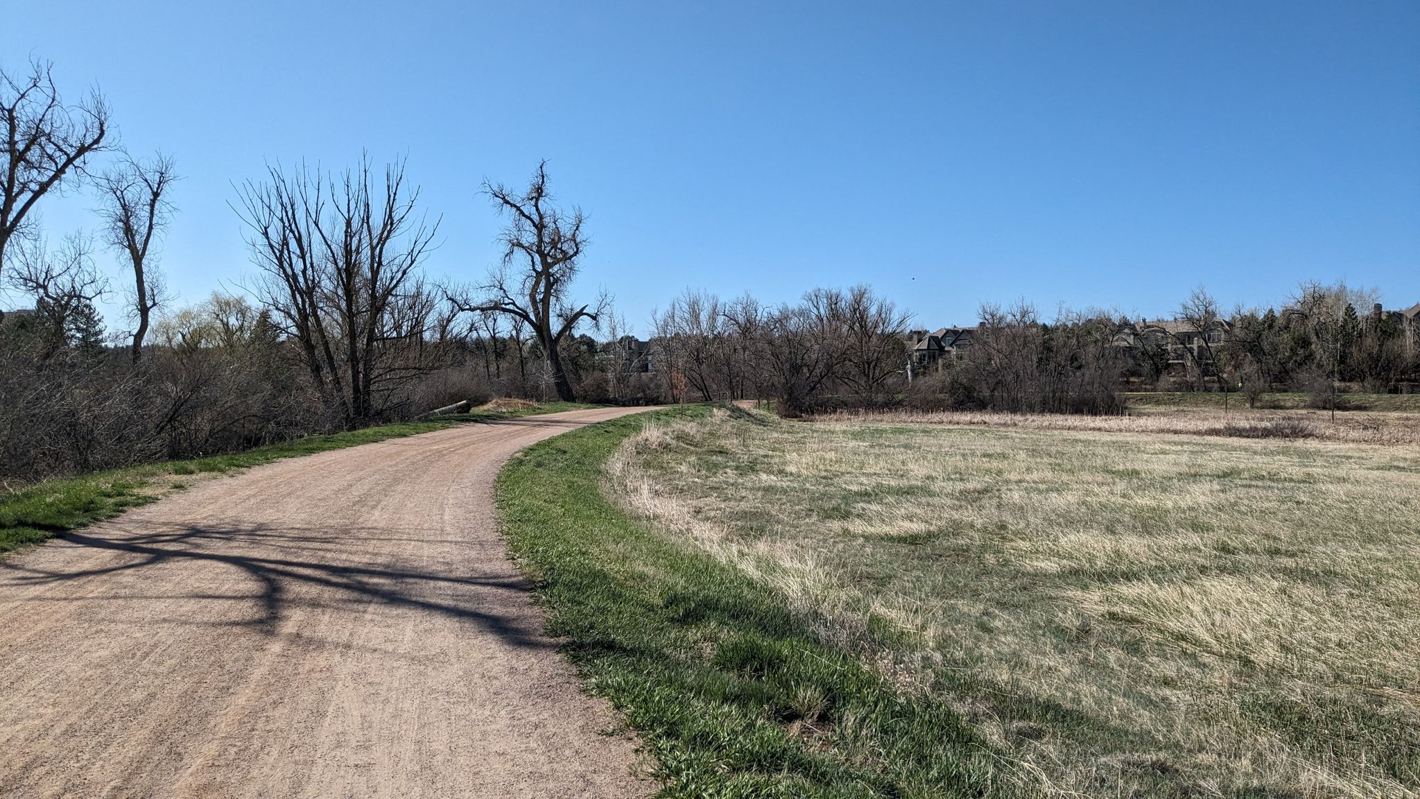 Winding dirt path next to a dry field with bare trees under blue sky. - Bike loop from Greenwood Village