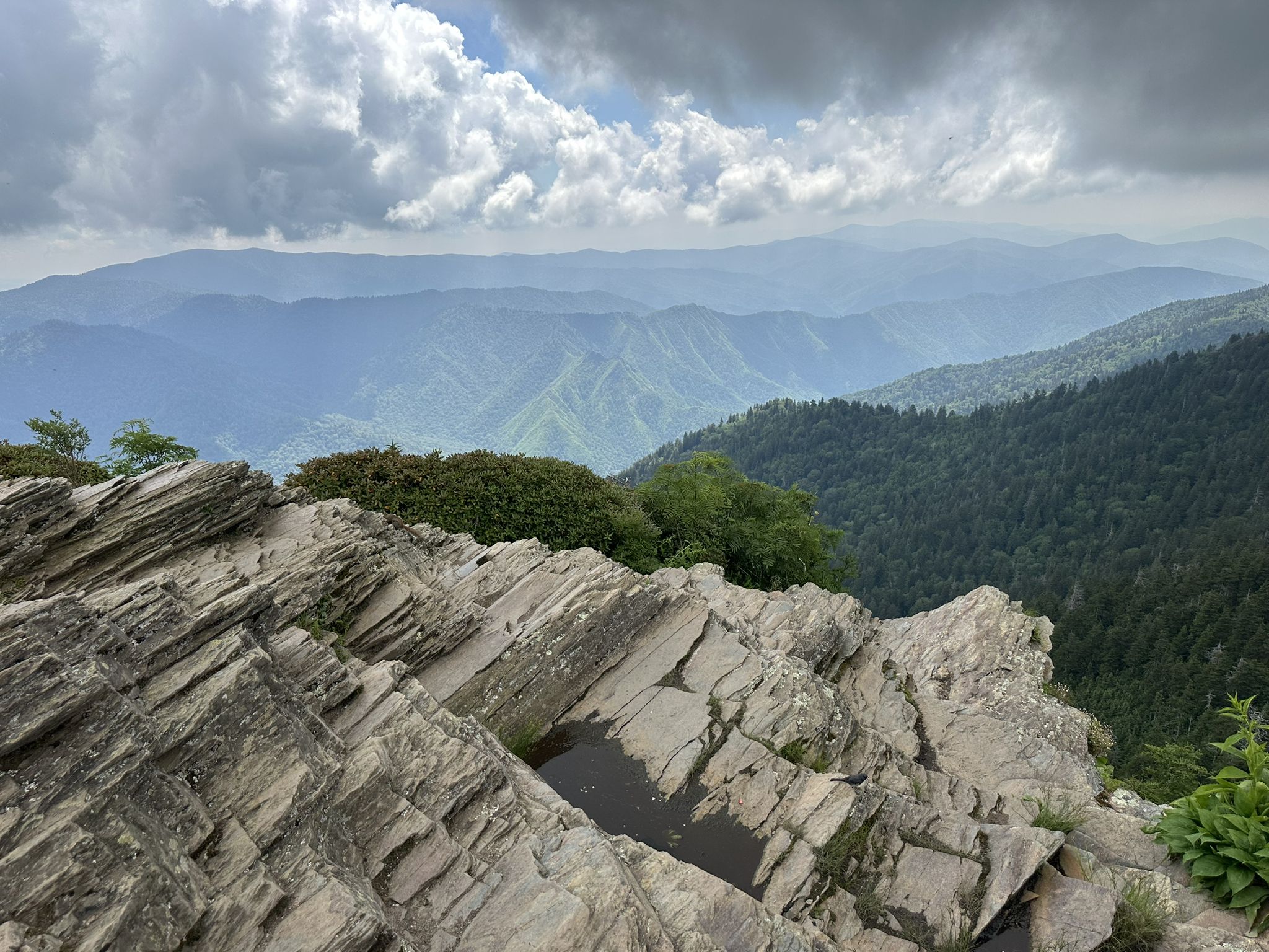 Rocky foreground with distant forested mountains under a cloudy sky. - Alum Cave Trail