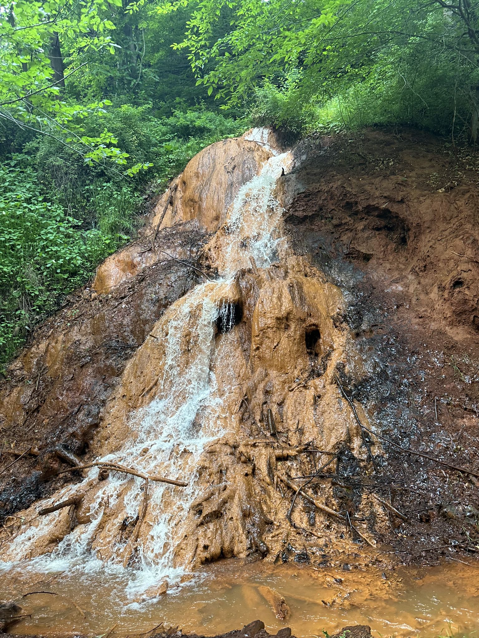 Close-up of a waterfall flowing over orange-brown earth, surrounded by green plants. - Great Allegheny Passage: Buena Vista to Sutersville