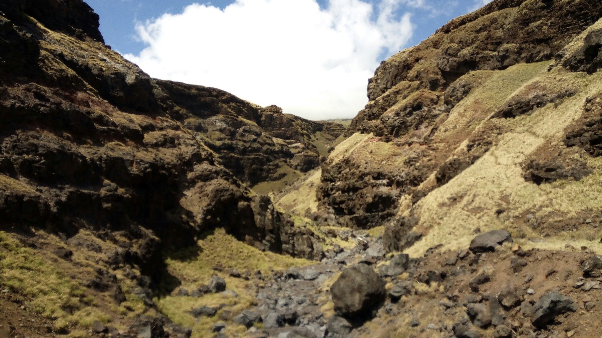 Rocky canyon with steep, vegetated walls under a bright, cloudy sky. - Piilani Highway from Paia