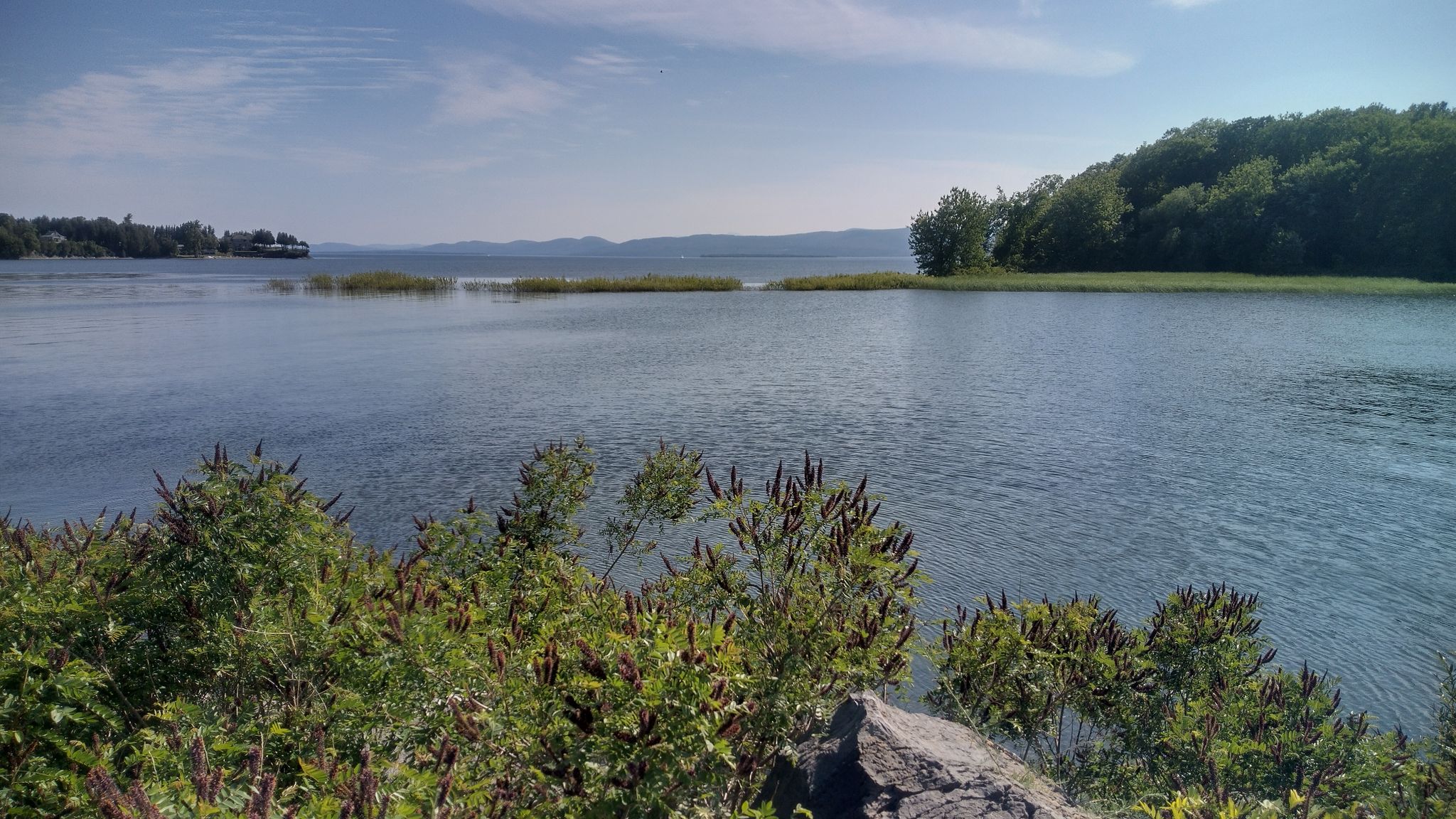 A wide lake view with distant green hills and a rocky foreground. - Island Line Trail