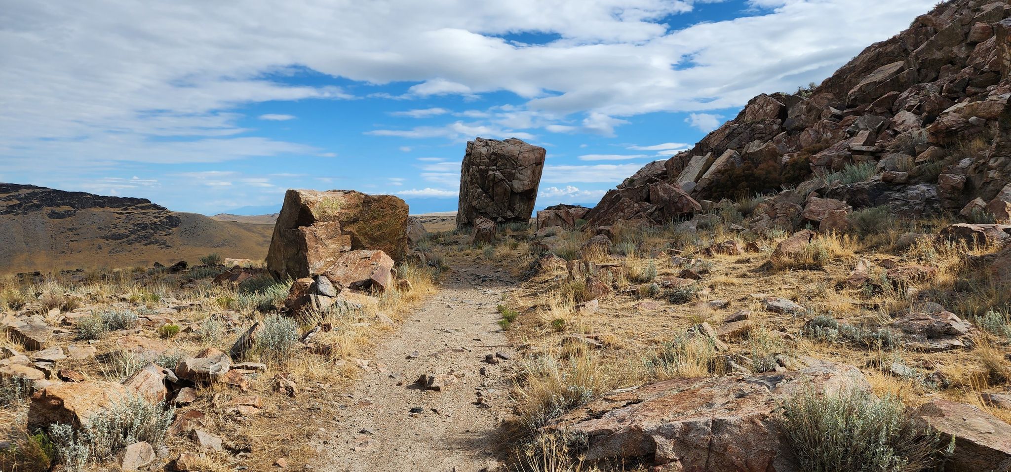 A dirt path between large rocks in a dry, hilly landscape under a cloudy sky. - Elephant Head and Mormon Rocks Loop
