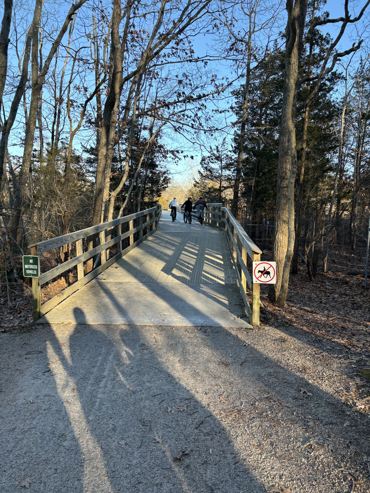 Sunny forest path leading to a wooden bridge with people walking. - Pattaconk Lake loop from Madison