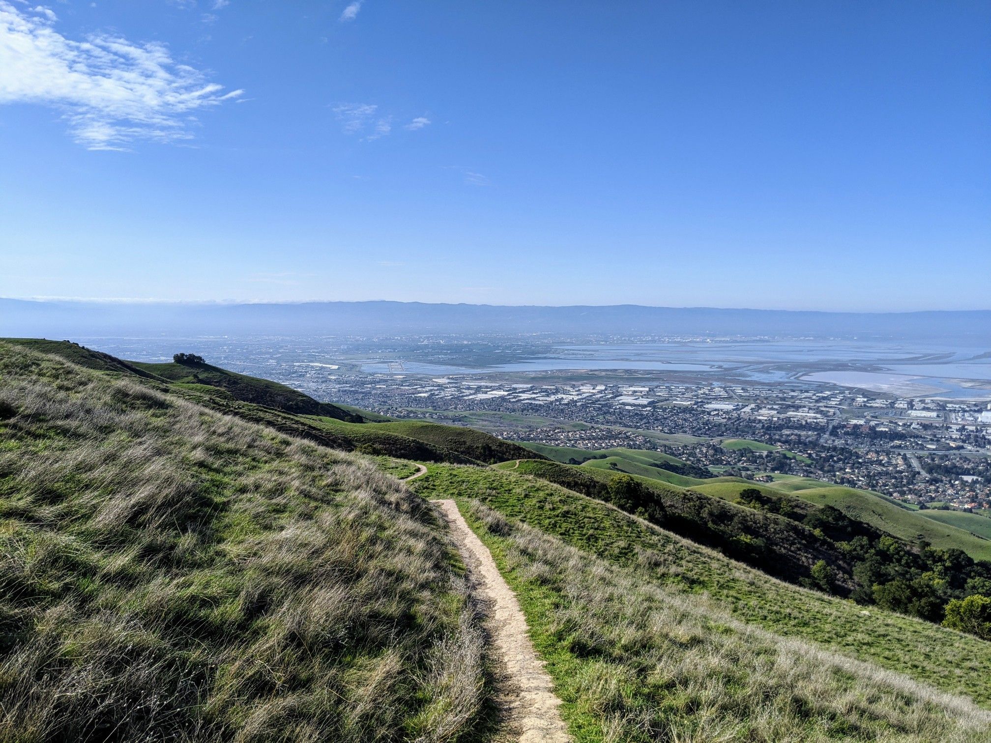 A narrow dirt path on a grassy hillside overlooks a city and water. - Mission Peak and Monument Peak Loop
