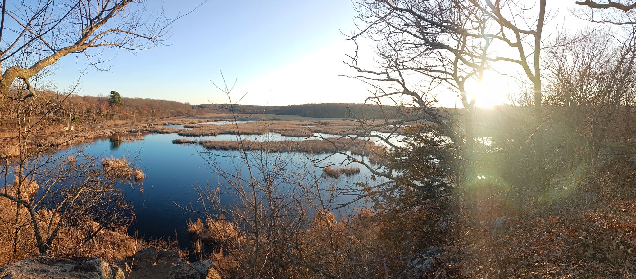 Panoramic view of a marshy lake at sunset, framed by bare trees. - Salem Woods Loop