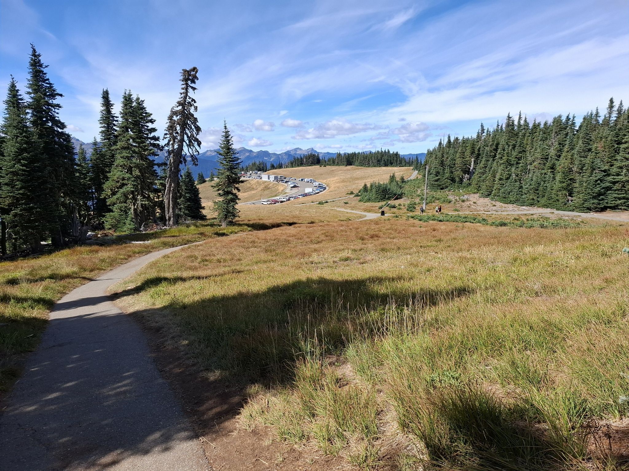 A paved path leads through a sunny mountain meadow towards a parking lot. - Lookout Rock – Mt. Olympus View loop from Lake Dawn