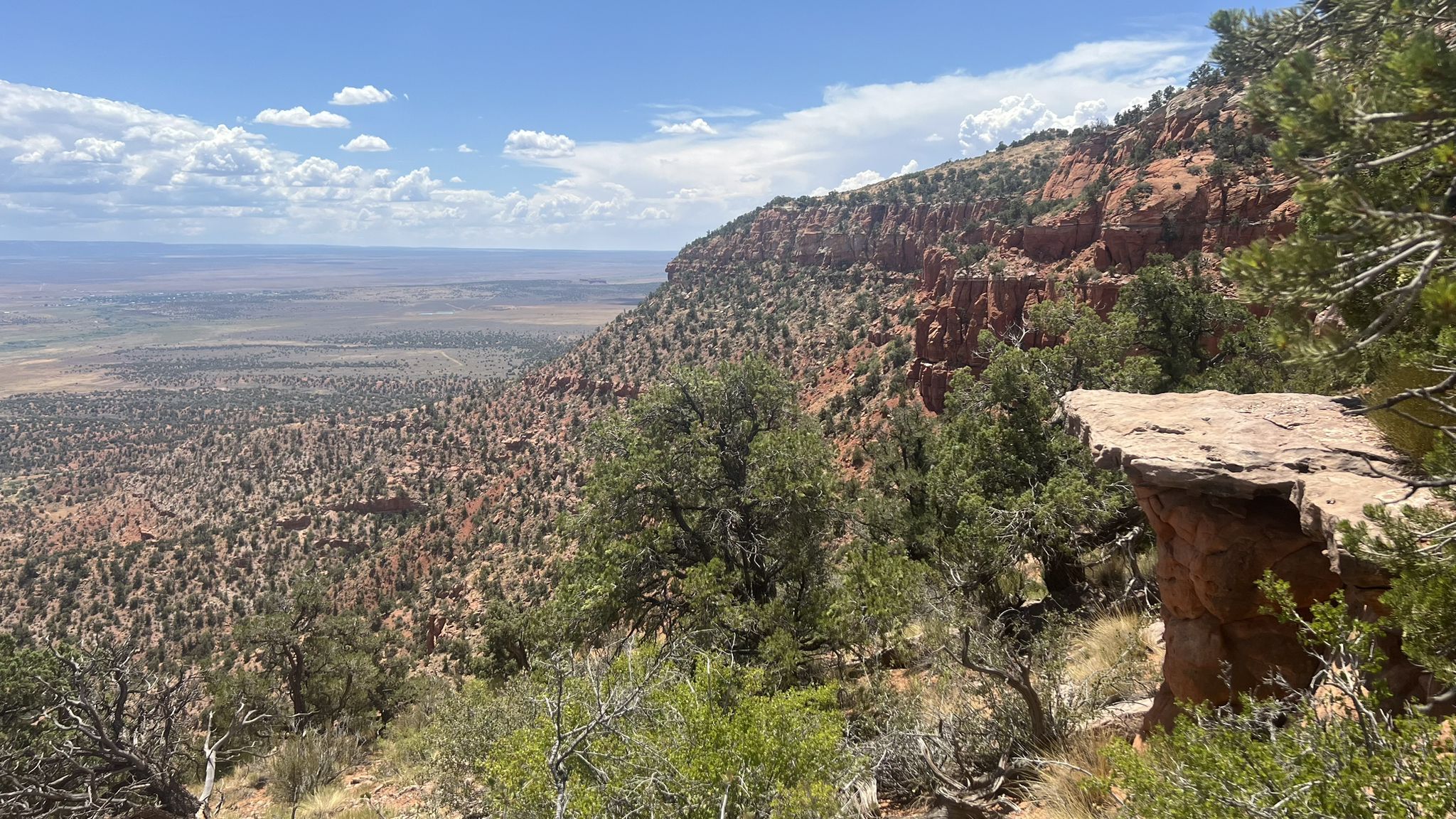 Red rock cliff overlooking a vast desert landscape under a blue sky. - Bunting Trail