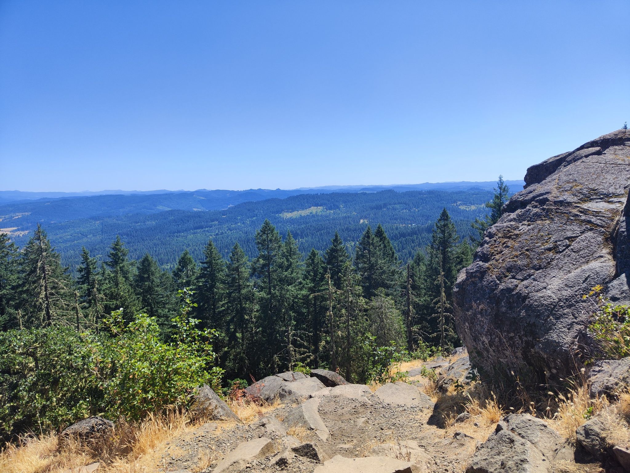 Rocky foreground with dense evergreen forest and distant blue hills. - Spencer Butte Summit Trail