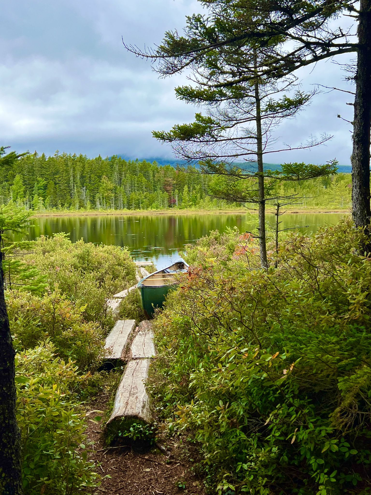 Green canoe on wooden path by a lake surrounded by lush forest. - Katahdin Lake and Martin Ponds Trail