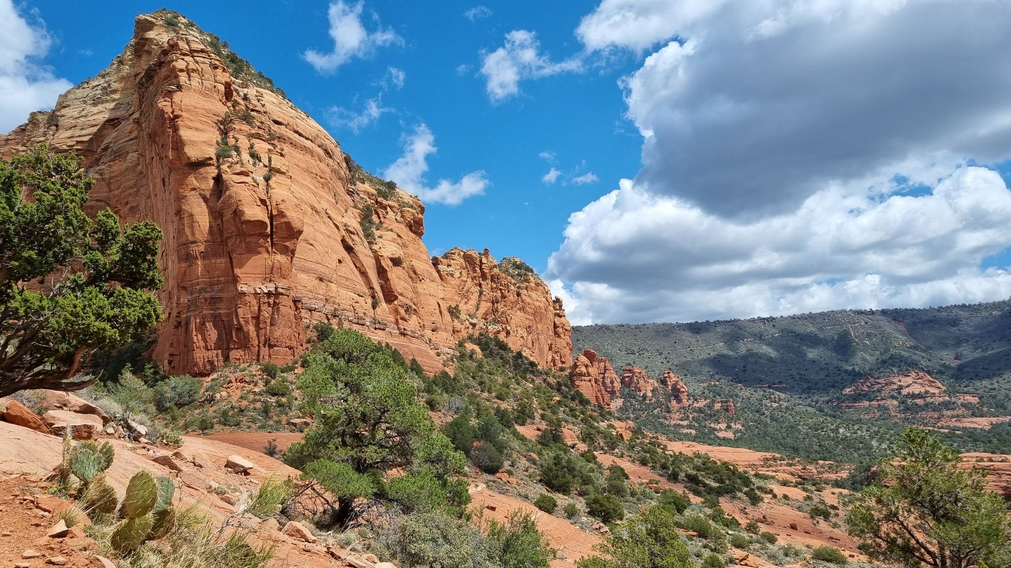 Large red rock cliff and green desert landscape under a blue sky with clouds. - Hangover, Cow Pies, Munds Wagon, Casner Canyon, and Huckaby Loop