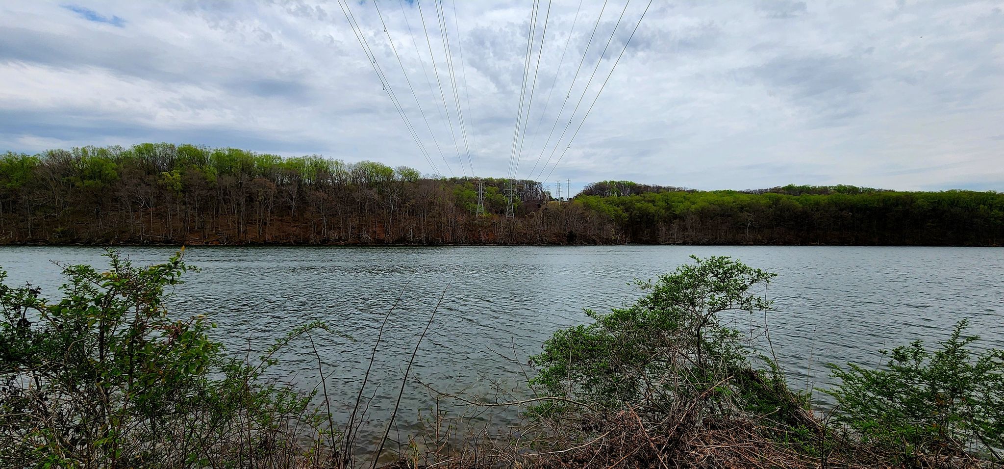 A wide lake with a forested far bank under a cloudy sky. - Merryman's Mill Trail Loop