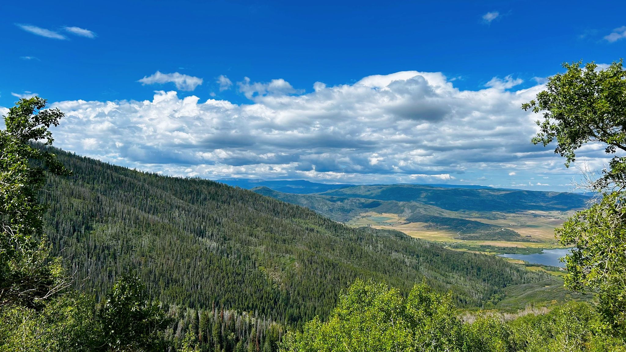 Vast green forested mountainside overlooking a valley and lake under a bright sky. - Casey's Pond loop from Resort Group