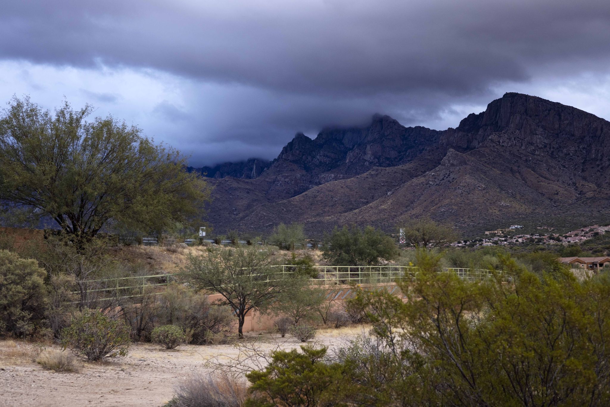 Dark clouds loom over rugged mountains and a desert landscape with sparse trees. - Catalina State Park Trailhead – Cañada del Oro River Trail loop from Vistoso