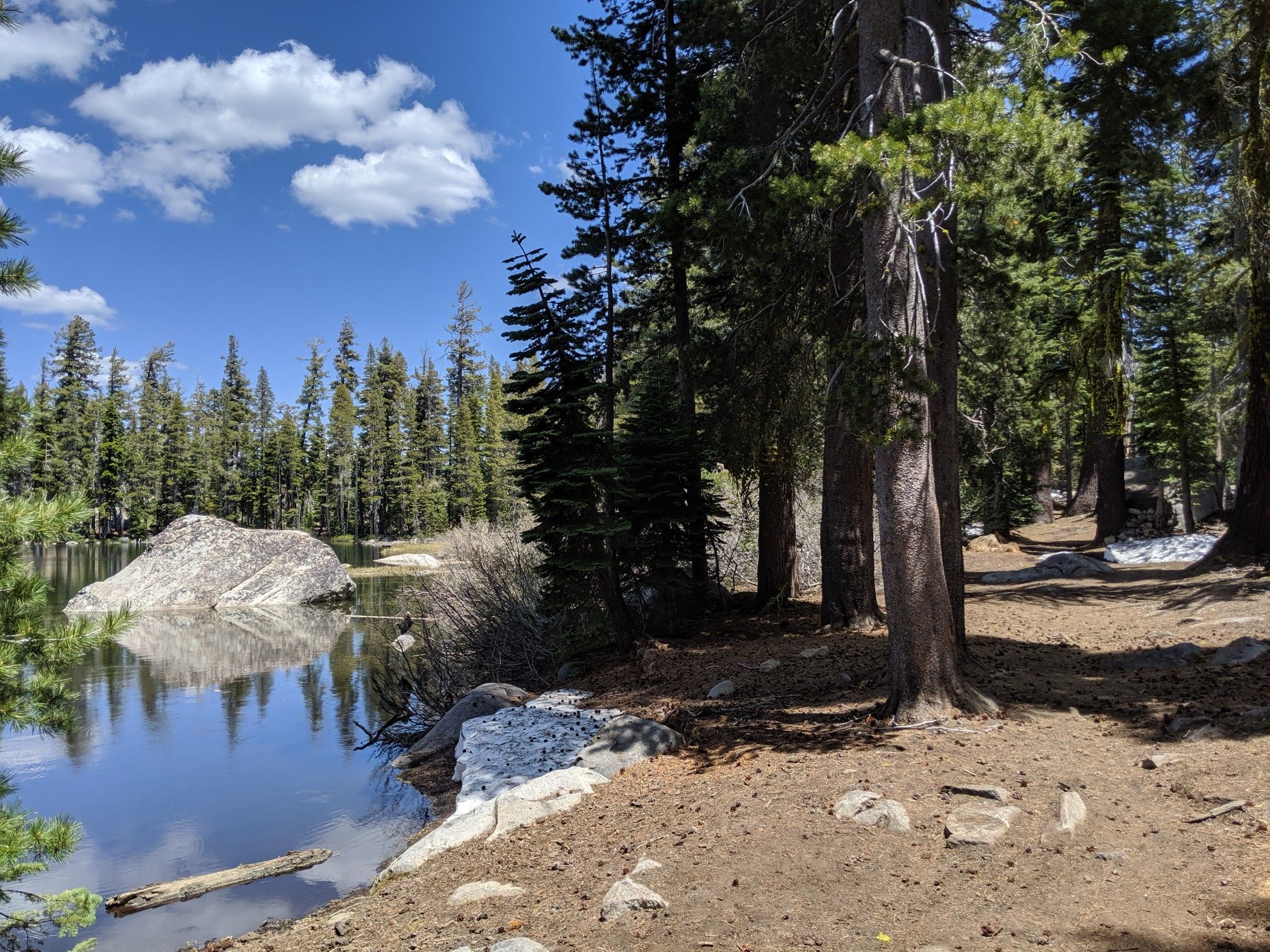 Calm lake reflecting pine trees and a large boulder under a blue sky. - Summit Lake via Castle Valley Road, Donner Lake Rim, and PCT Loop