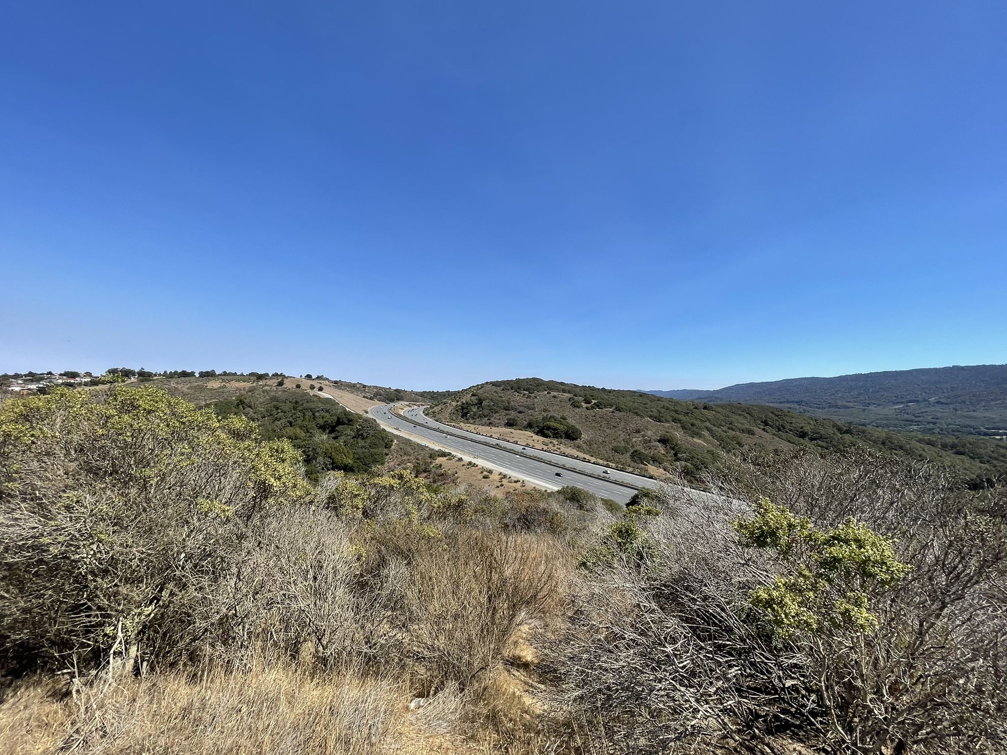 Winding road through dry, brushy hills under a bright clear blue sky. - Hallmark Park Loop