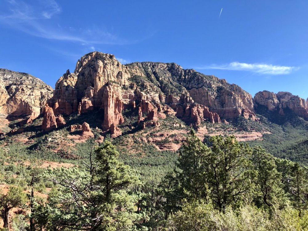 Majestic red rock mountains and green trees under a clear blue sky. - Soldier Pass & Brins Mesa loop – Red Rock-Secret Mountain Wilderness