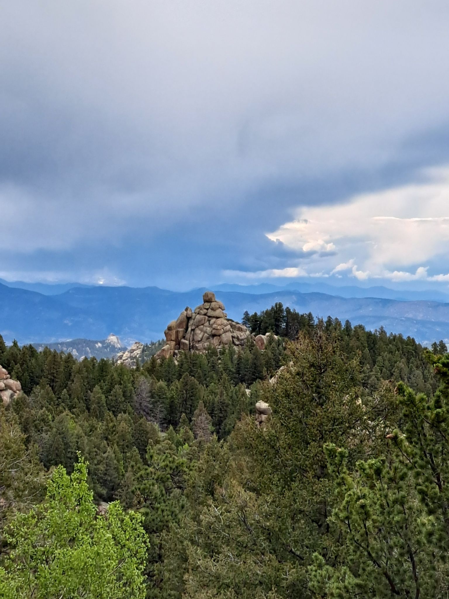 Forested mountain landscape with a prominent rock formation under cloudy skies. - Devil's Head Trail