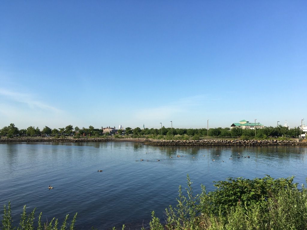 Calm water under a clear blue sky, with a distant green shoreline. - 9-11 Trail (New Jersey Newark Spur)