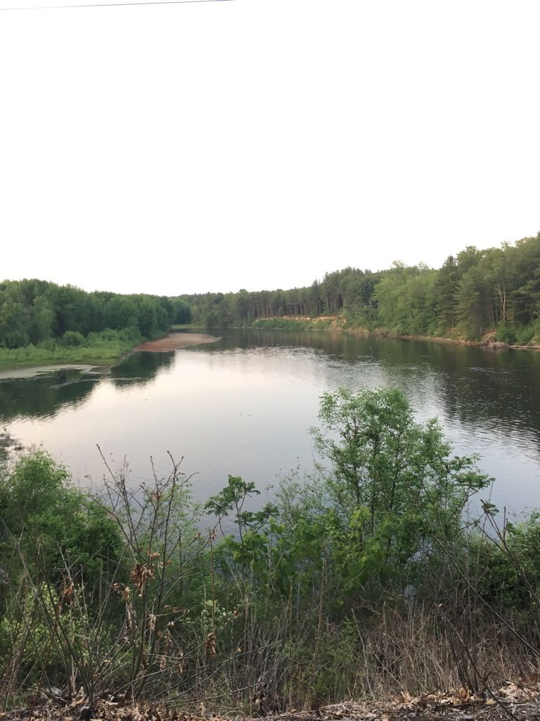 Wide river with green forested banks under a bright sky. - Northern Rail Trail