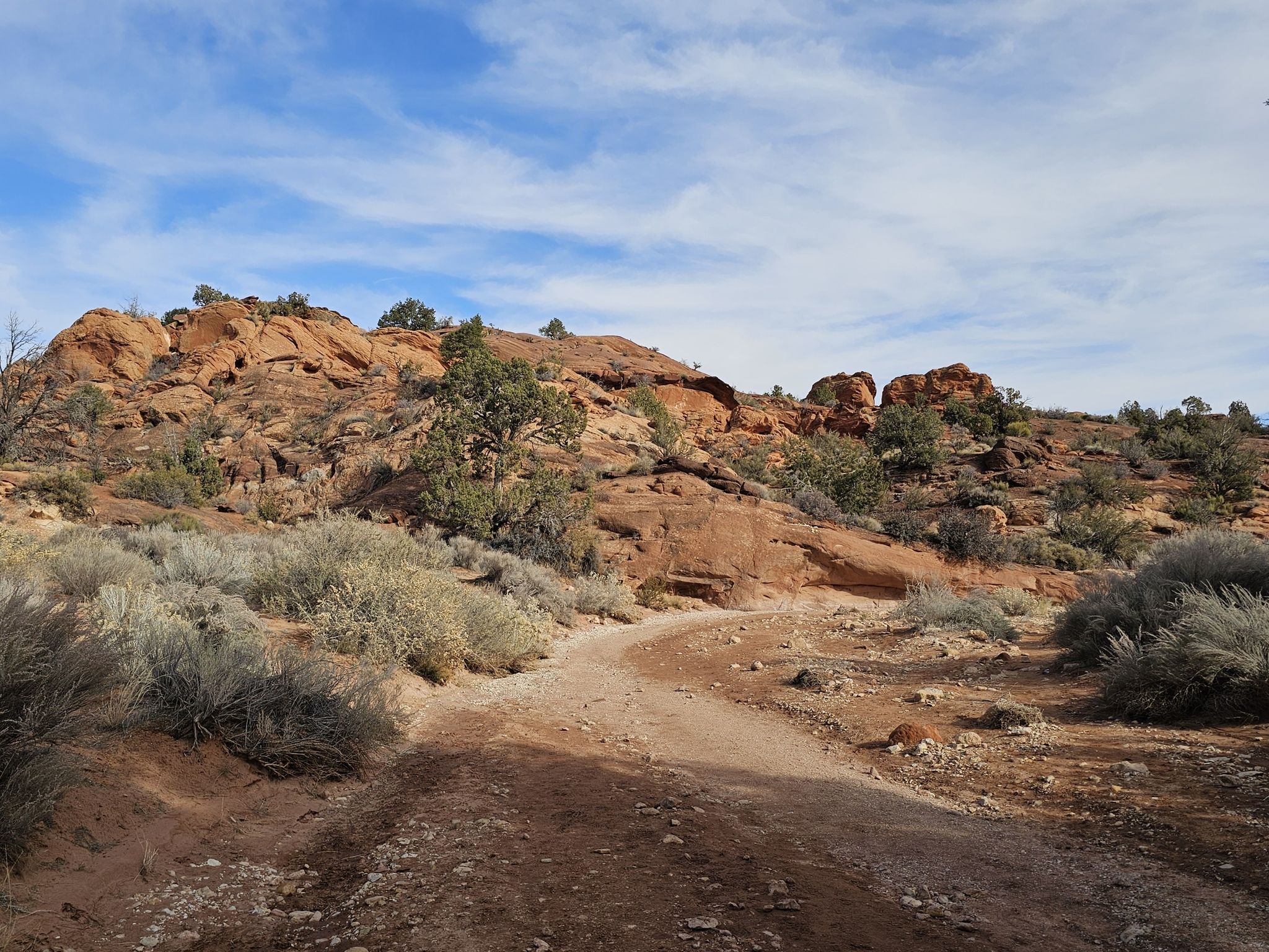 Winding dirt path through desert scrub and red rock hills under blue sky. - Wire Pass to Buckskin Gulch Trail