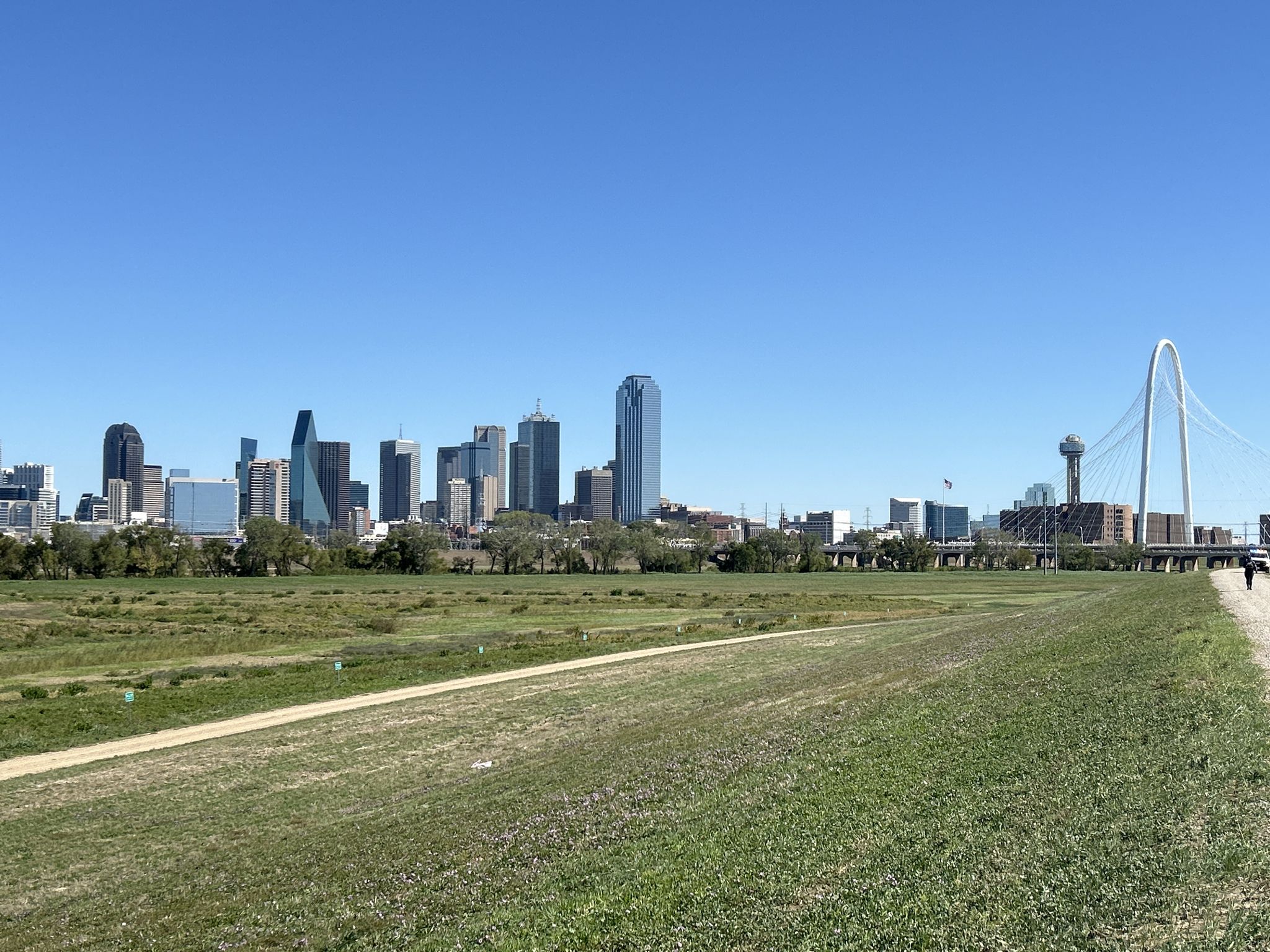 Sunny view of a city skyline with an arched bridge over a grassy field. - Margaret Hunt Hill Bridge – Trinity Levee Trail loop from Sunset High School