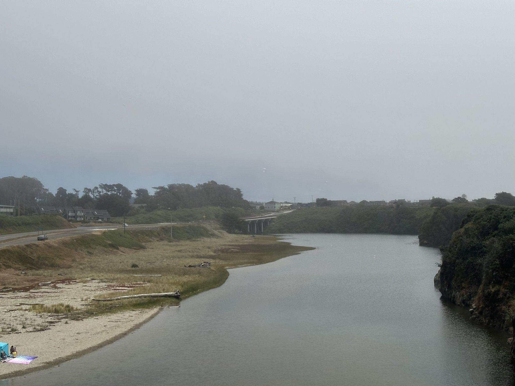 Overcast view of a river, sandy banks, and a distant road with cars. - MacKerricher Haul Road Trail – MacKerricher Haul Road Trail loop from Fort Bragg Depot