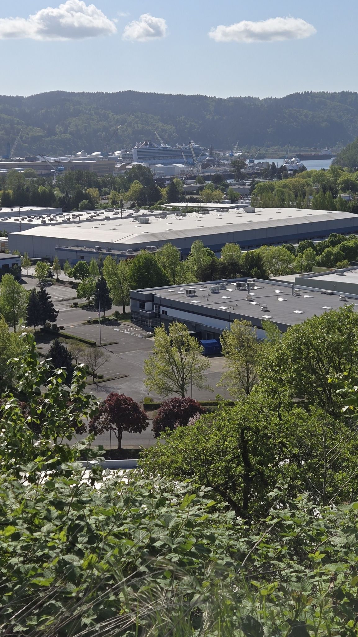 Elevated view of industrial buildings surrounded by green trees under a bright sky. - Roadbike loop from North Lombard Transit Center