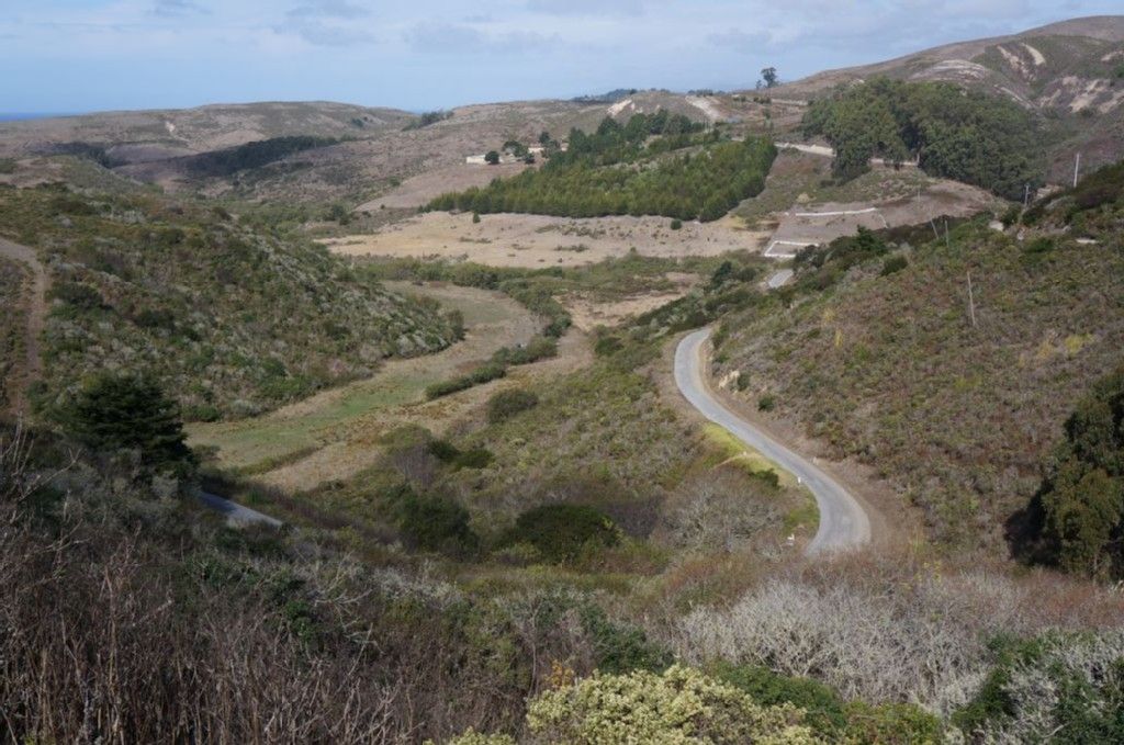 Winding road through a dry, hilly valley under a bright sky. - La Honda & Kings Mountain road from Palo Alto