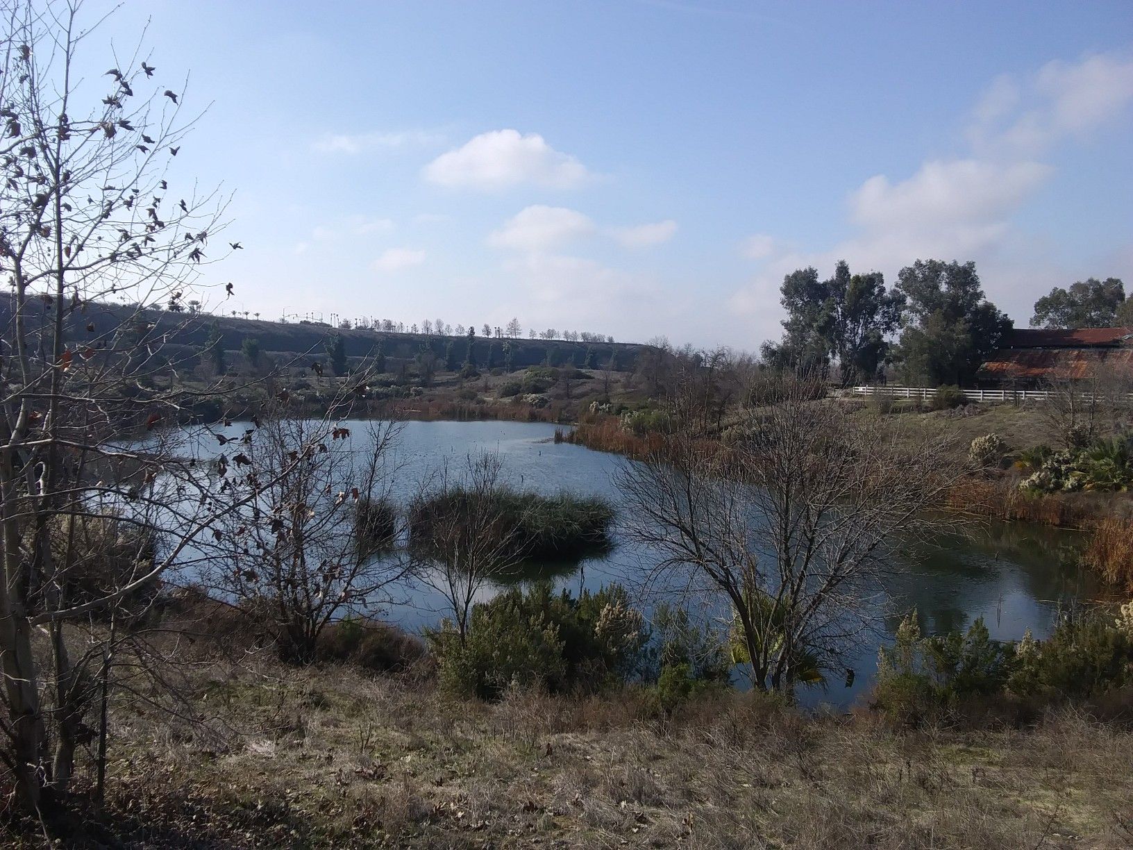 A calm lake surrounded by dry brush and trees under a cloudy sky. - Lewis S. Eaton Bike Trail