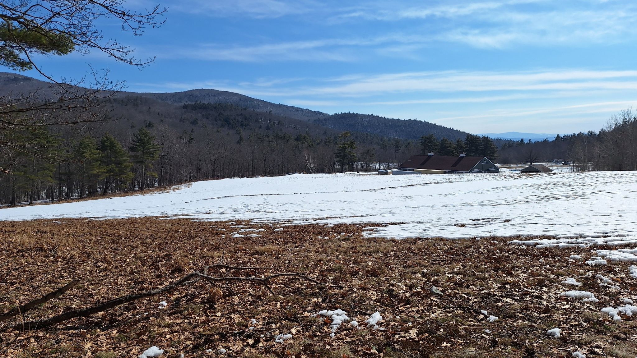 Partially snow-covered field with distant mountains and buildings under a clear sky. - Mount Roberts and Mount Shaw via High Ridge and Oak Ridge