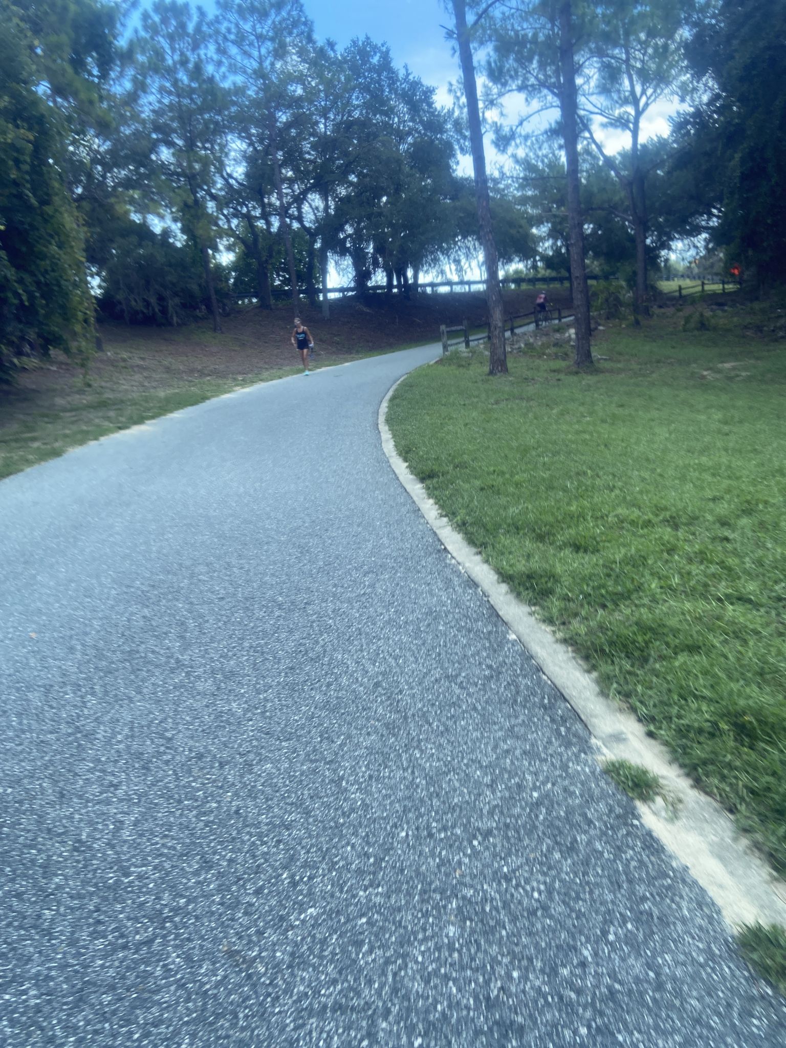 A paved path curves through green grass with a person running in the distance. - West Orange Trail – Lake Brim Park loop from Killarney
