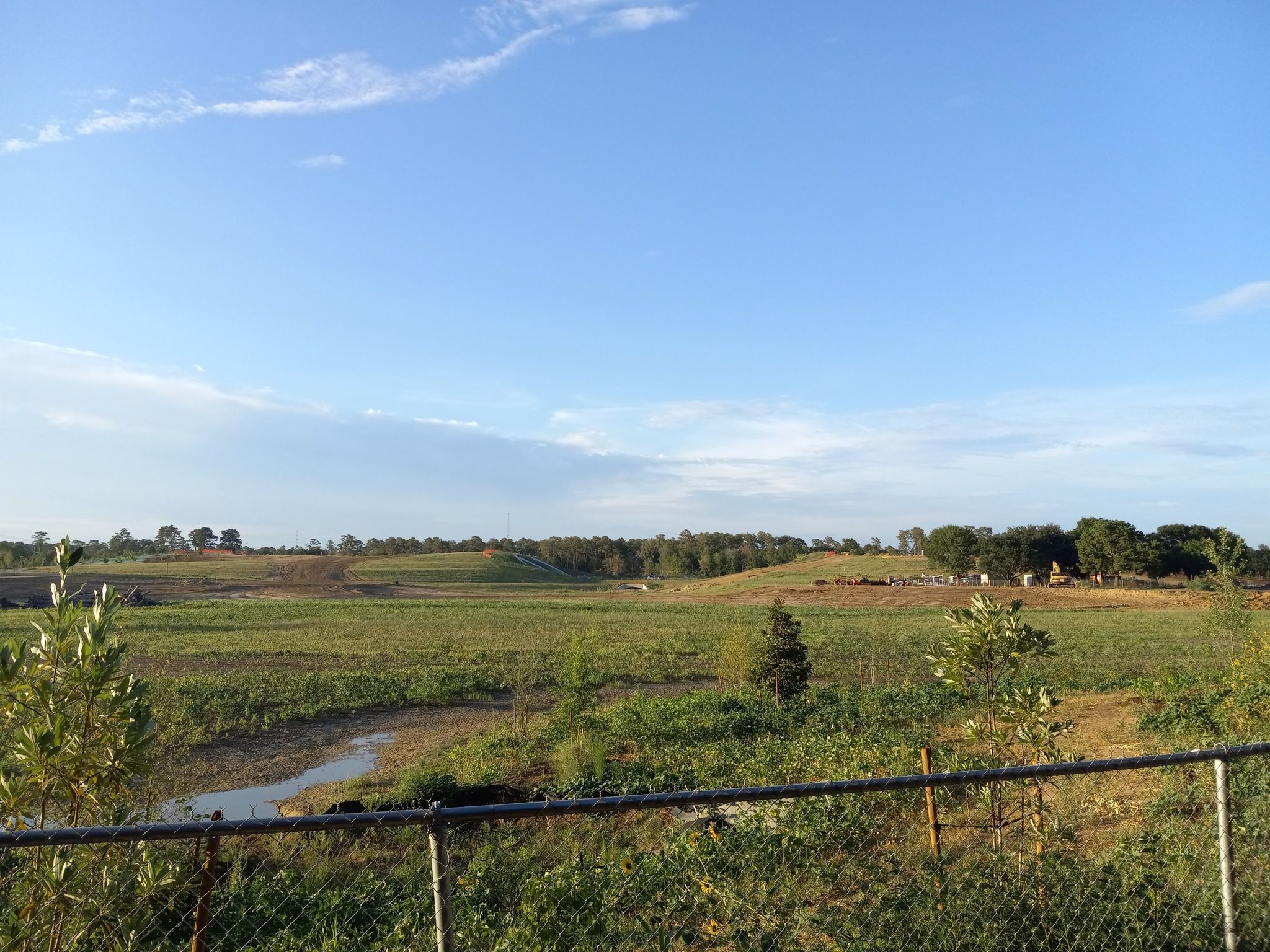 A vast green pasture with a small stream under a bright blue sky. - South Land Bridge Trail