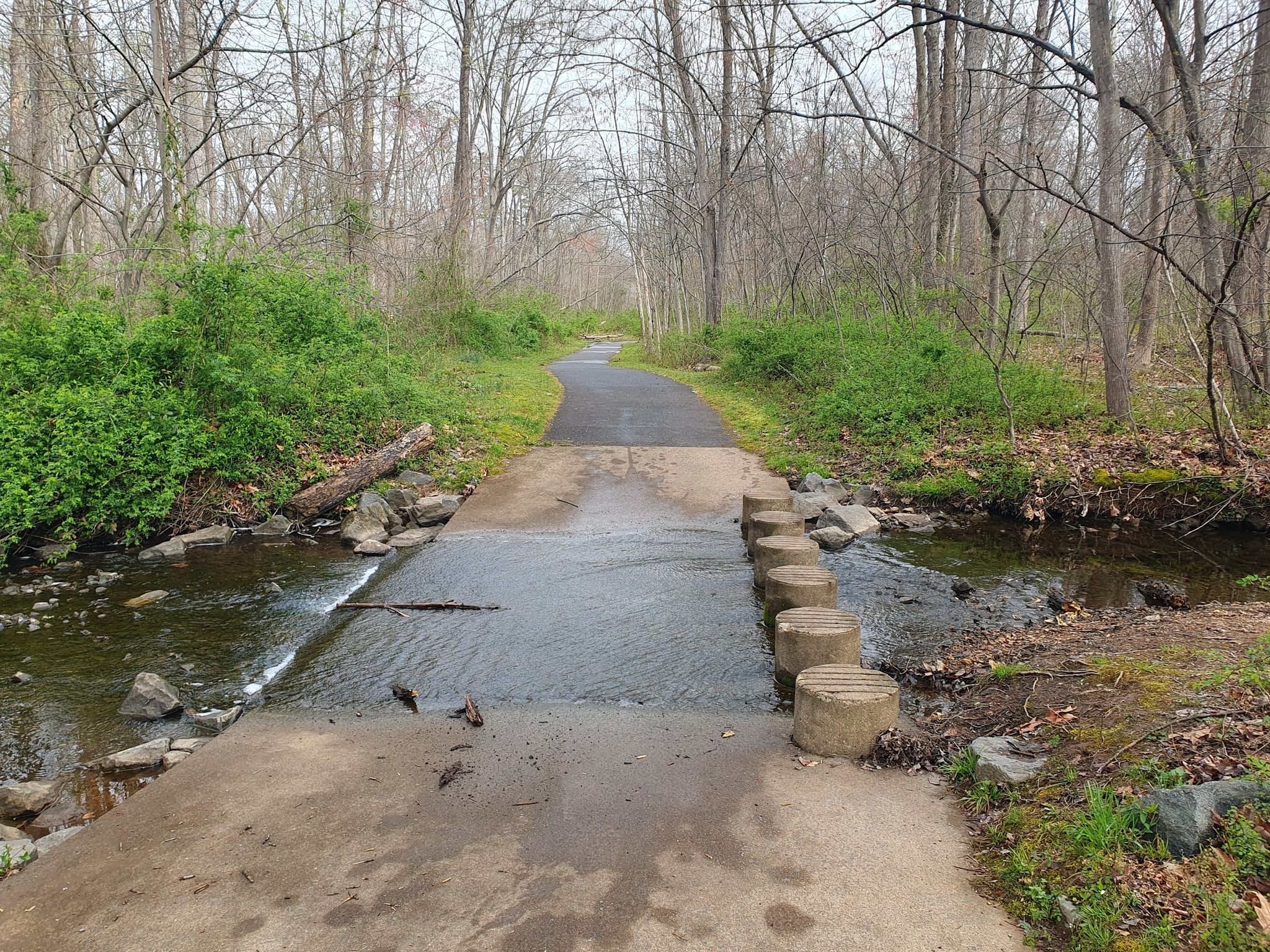 Paved path crossing a shallow stream with stepping stones, surrounded by bare trees. - Sugarland Run Trail Loop
