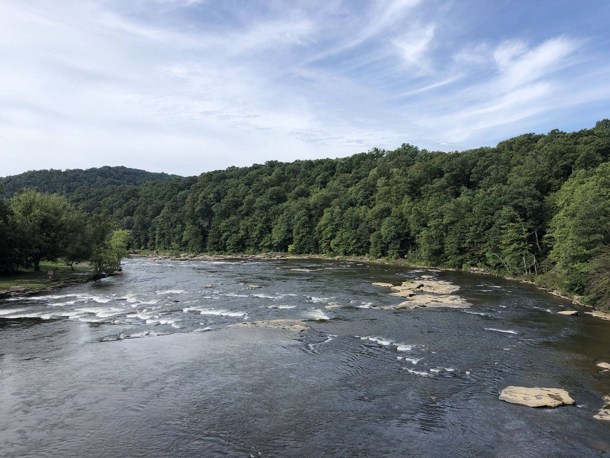 A wide river with small rapids and rocks flows past dense green forests. - Ohiopyle – Ohiopyle State Park loop from Ohiopyle State Park