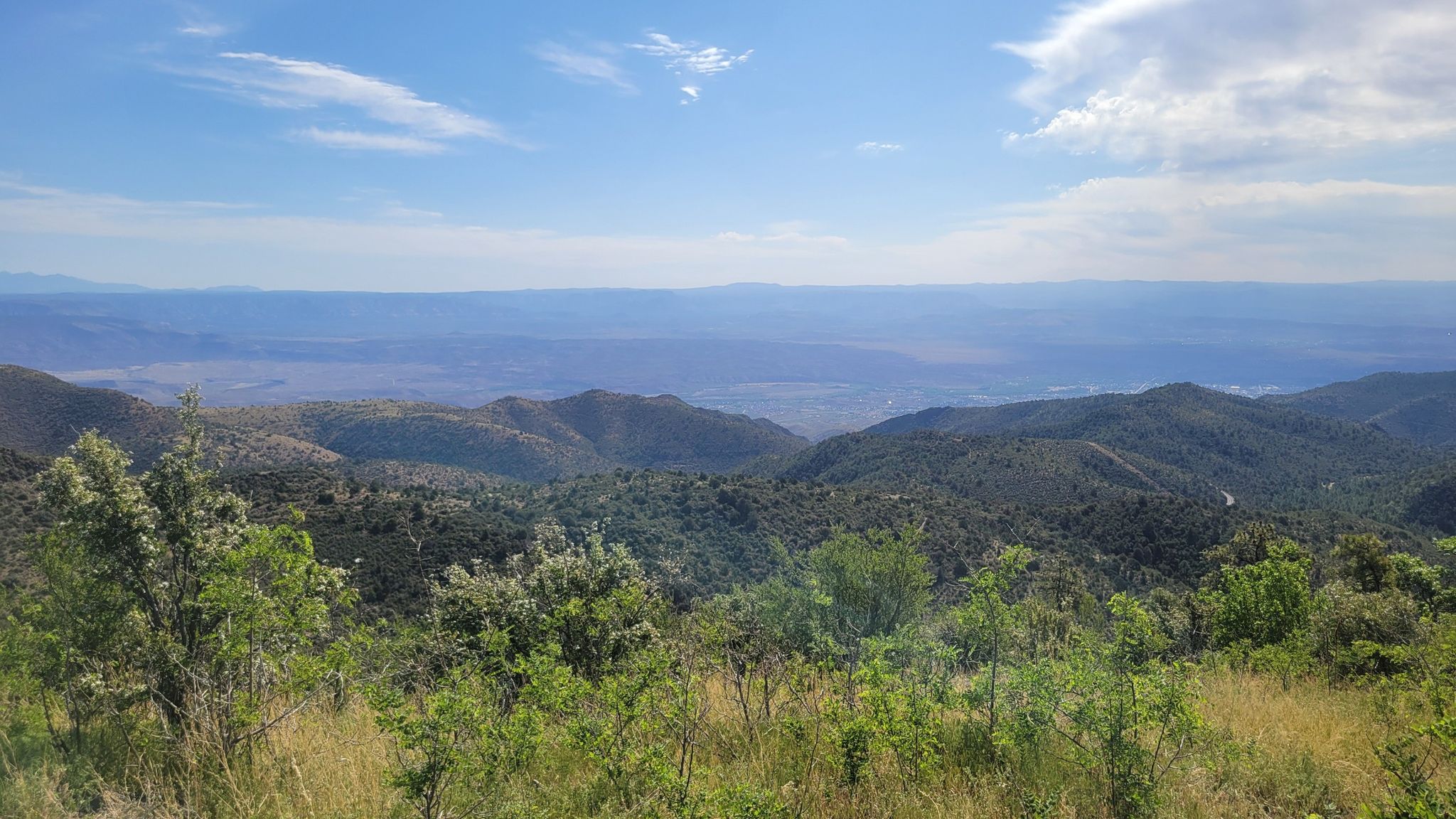Lush green hills and a vast, hazy valley under a partly cloudy sky. - Woodchute Trail #102