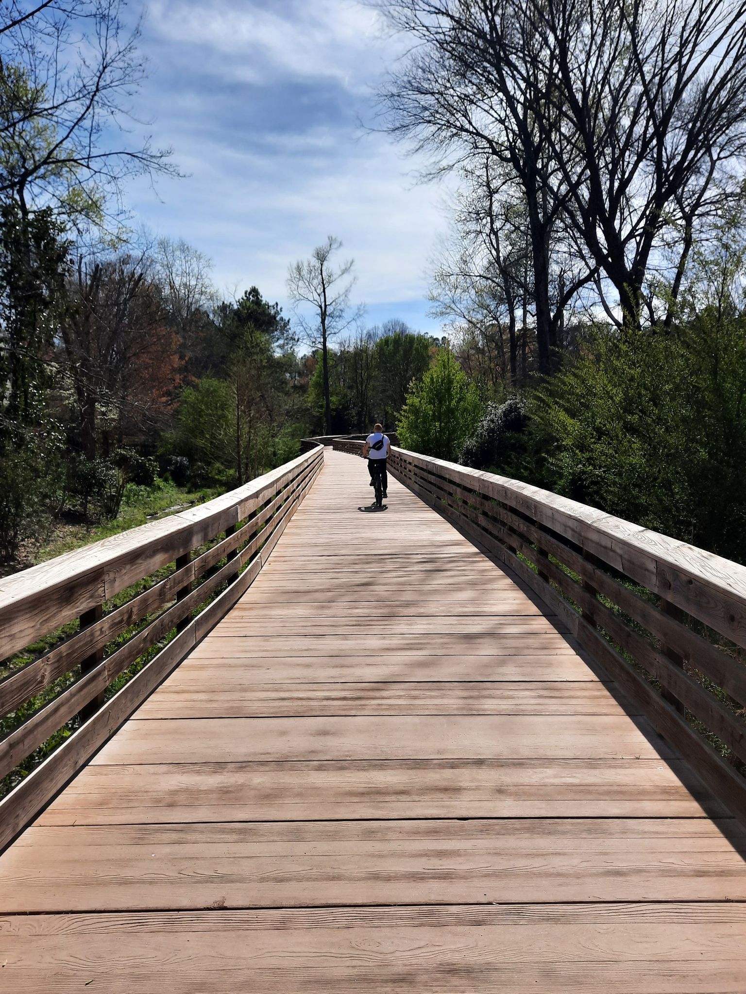 A person walks on a long wooden bridge surrounded by trees. - Fred G. Bond Metro Park – Bench With a View of Bond Park loop from Salem Elementary School