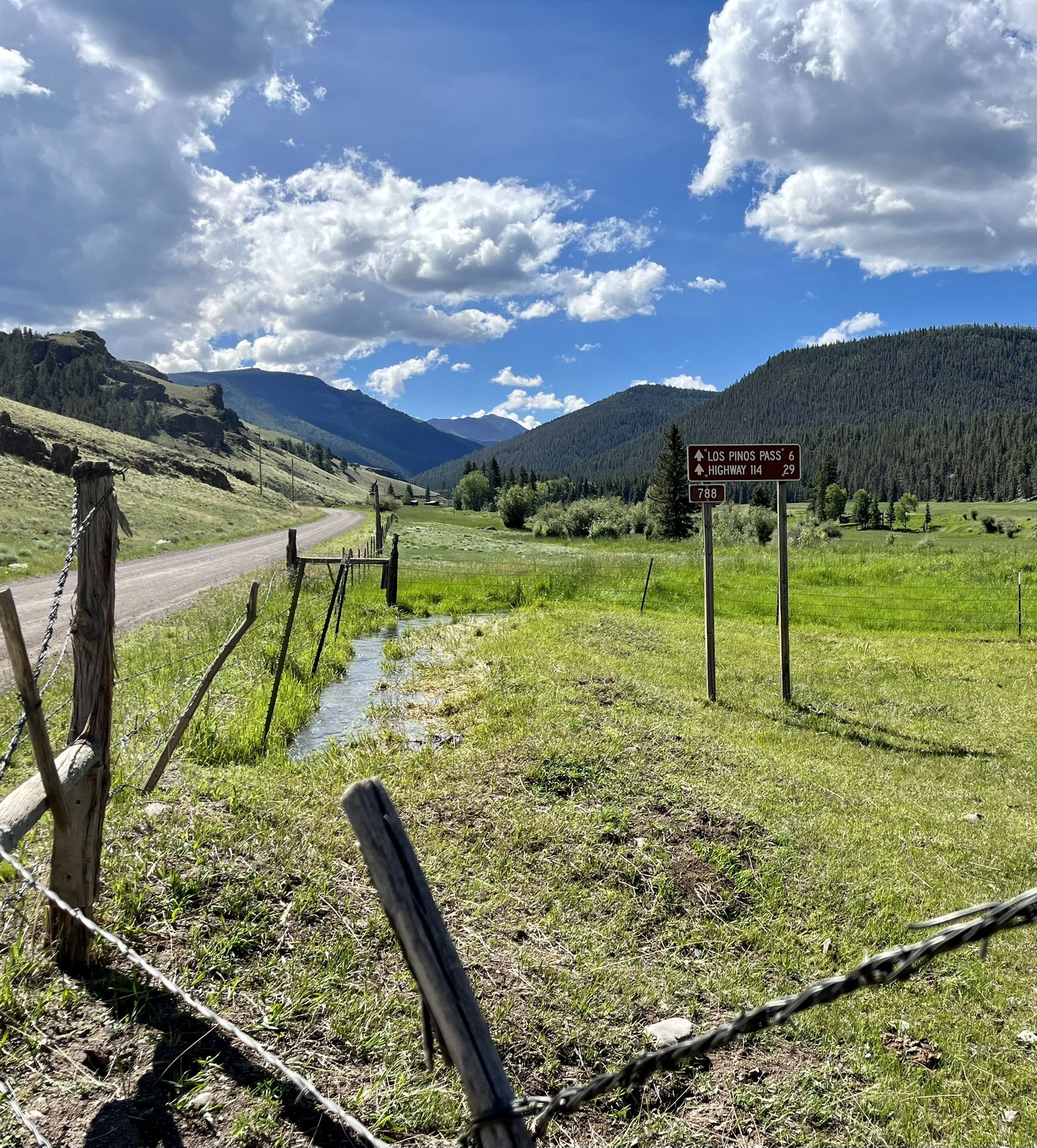 A barbed wire fence in a green field with a sign, mountains, and cloudy sky. - Colorado Trail Segment 19 - 21 Detour (La Garita Wilderness Bypass)